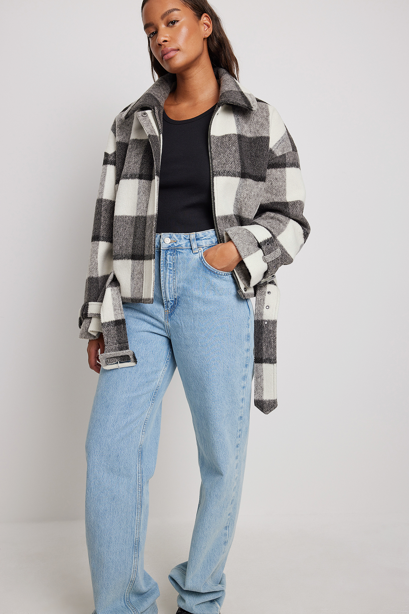 Checkered Belted Short Checked Jacket
