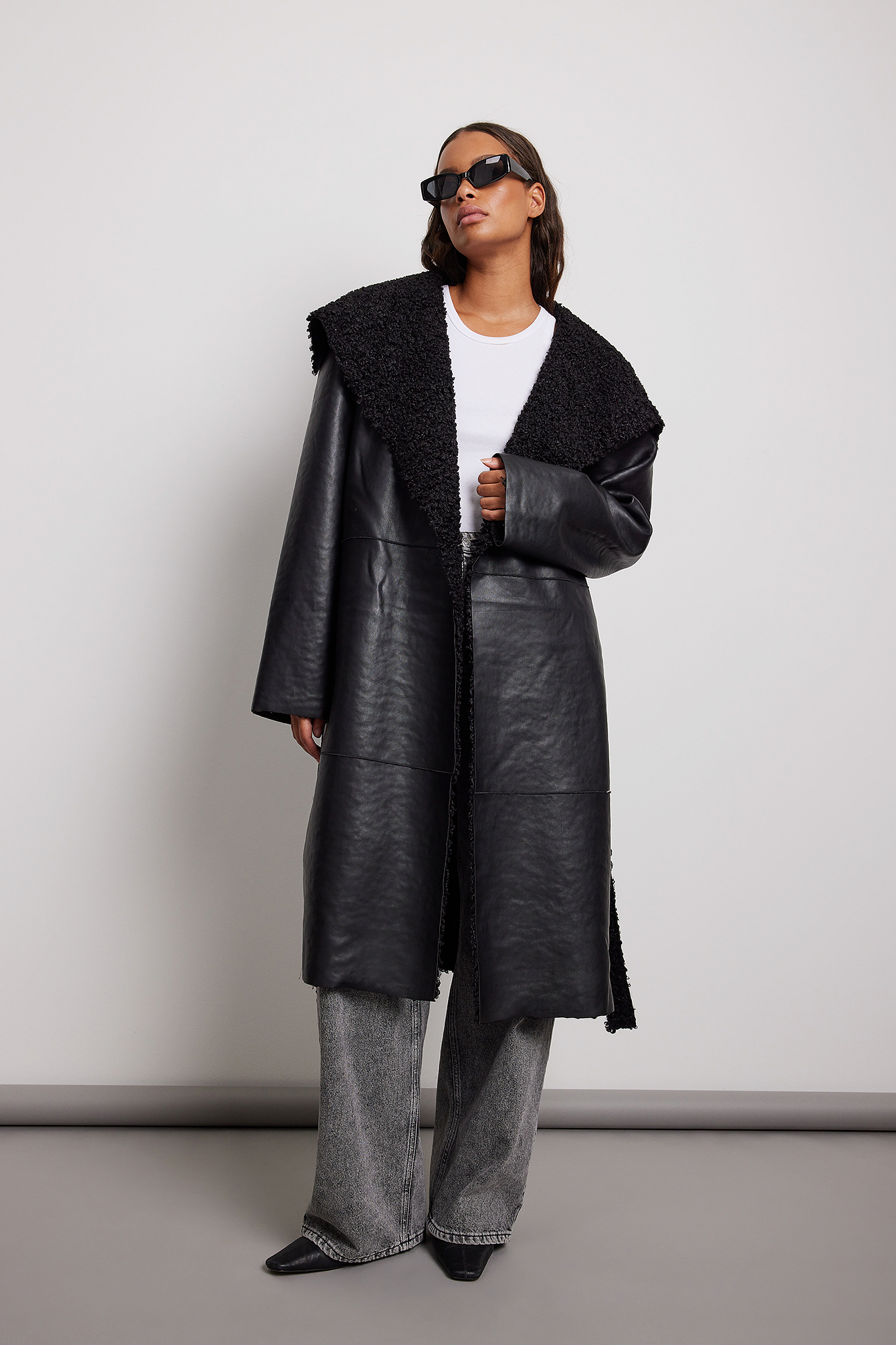 Black Bonded Faux Fur Detailed  Pu Coat