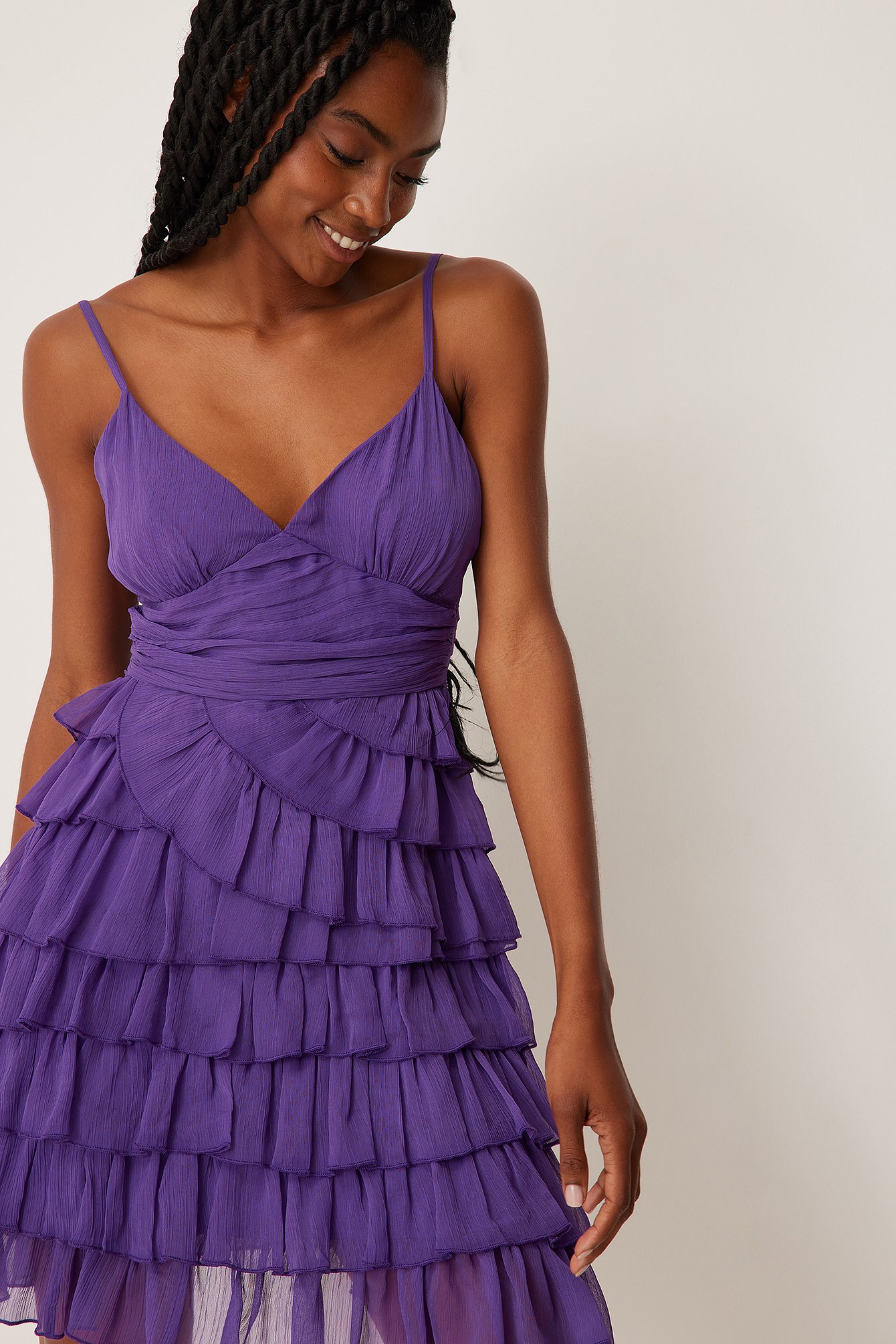 Dark Purple Bottom Frill Mini Strap Dress