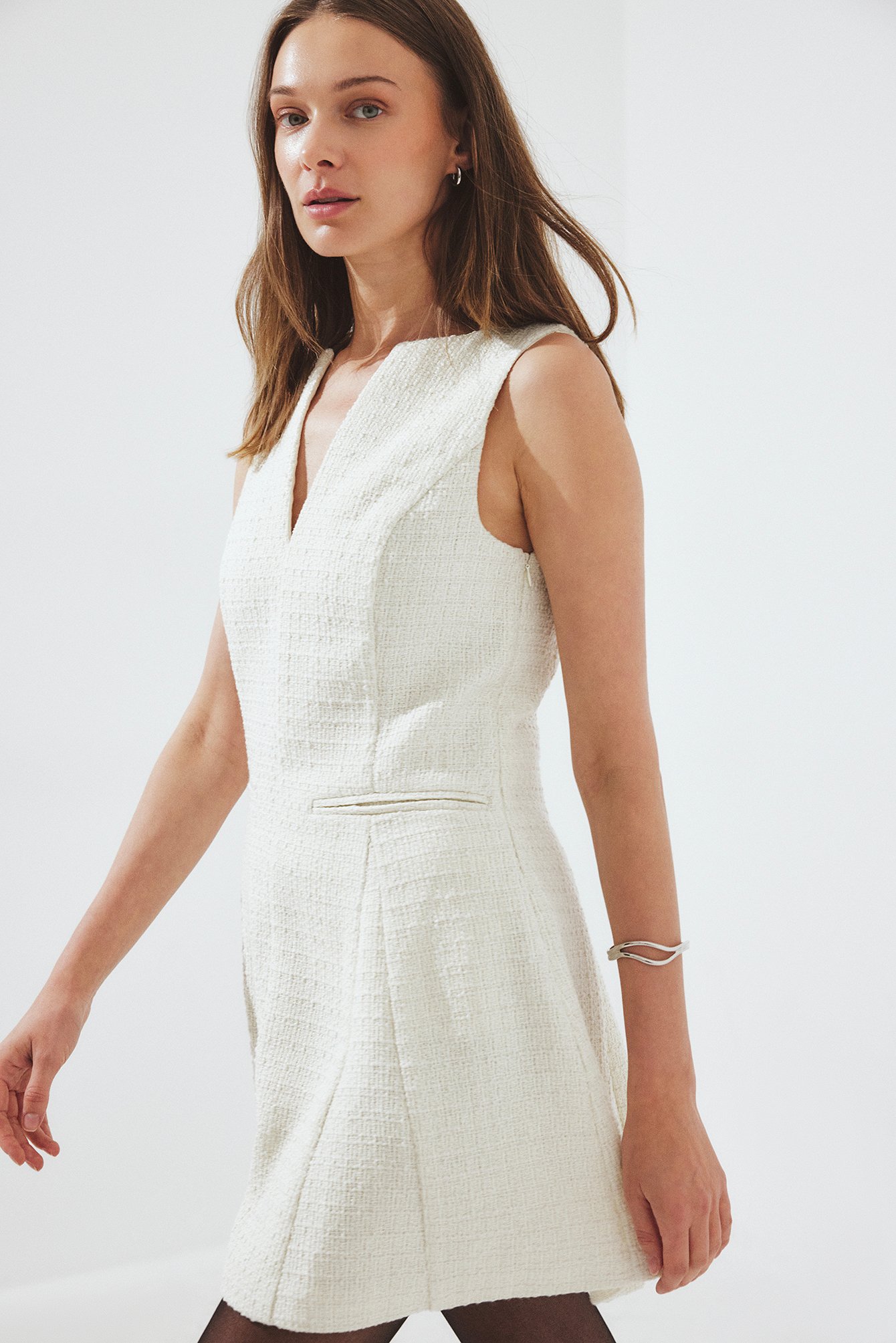Boucle V Neck Mini Dress Offwhite