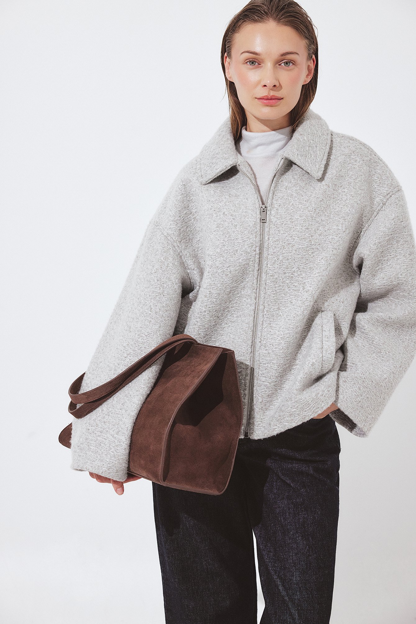 NA-KD Boucle Zip Jacket - Spring Jackets - Grey - EU 44 - NA-KD / NAKD