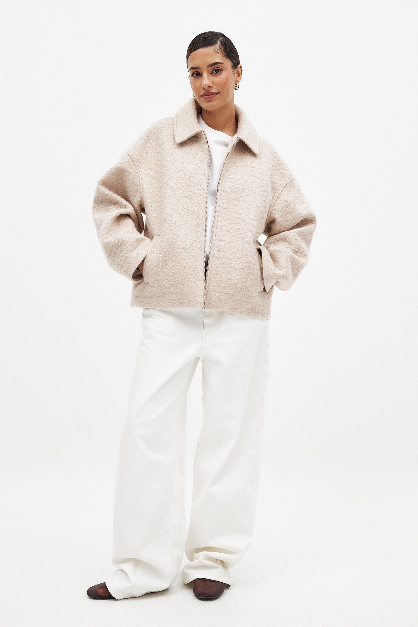 NA-KD Boucle Zip Jacket - Spring Jackets - Beige - EU 44 - NA-KD / NAKD