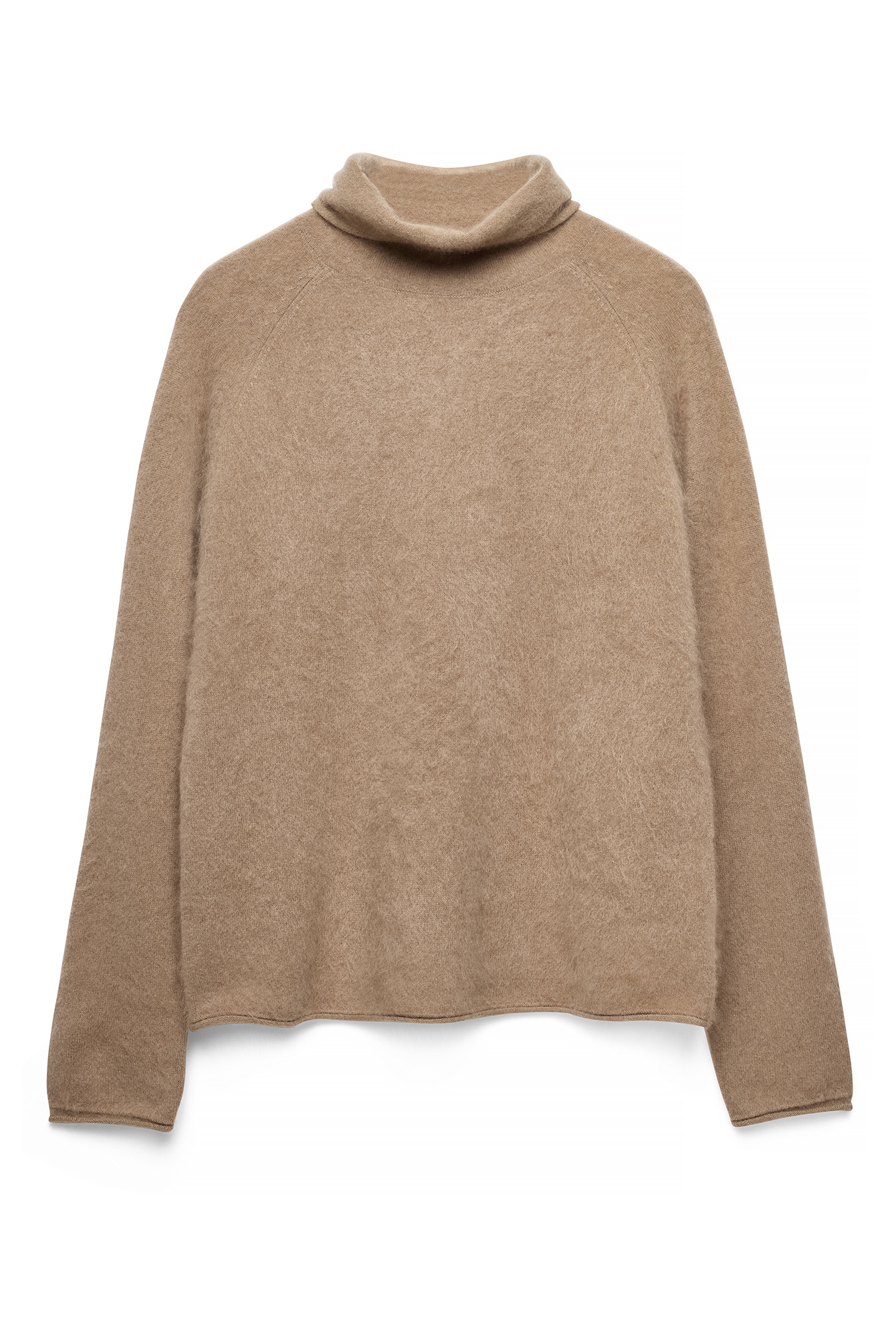 Beige Borstad ullstickad polotröja