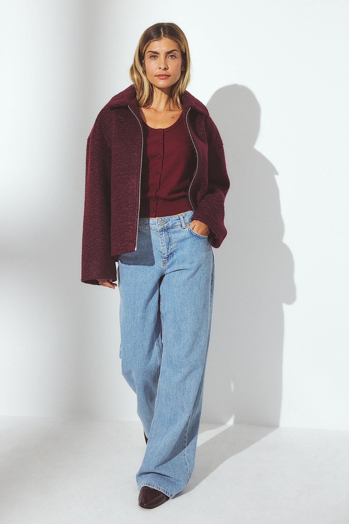 NA-KD Boucle Zip Jacket - Spring Jackets - Burgundy - EU 36 - NA-KD / NAKD