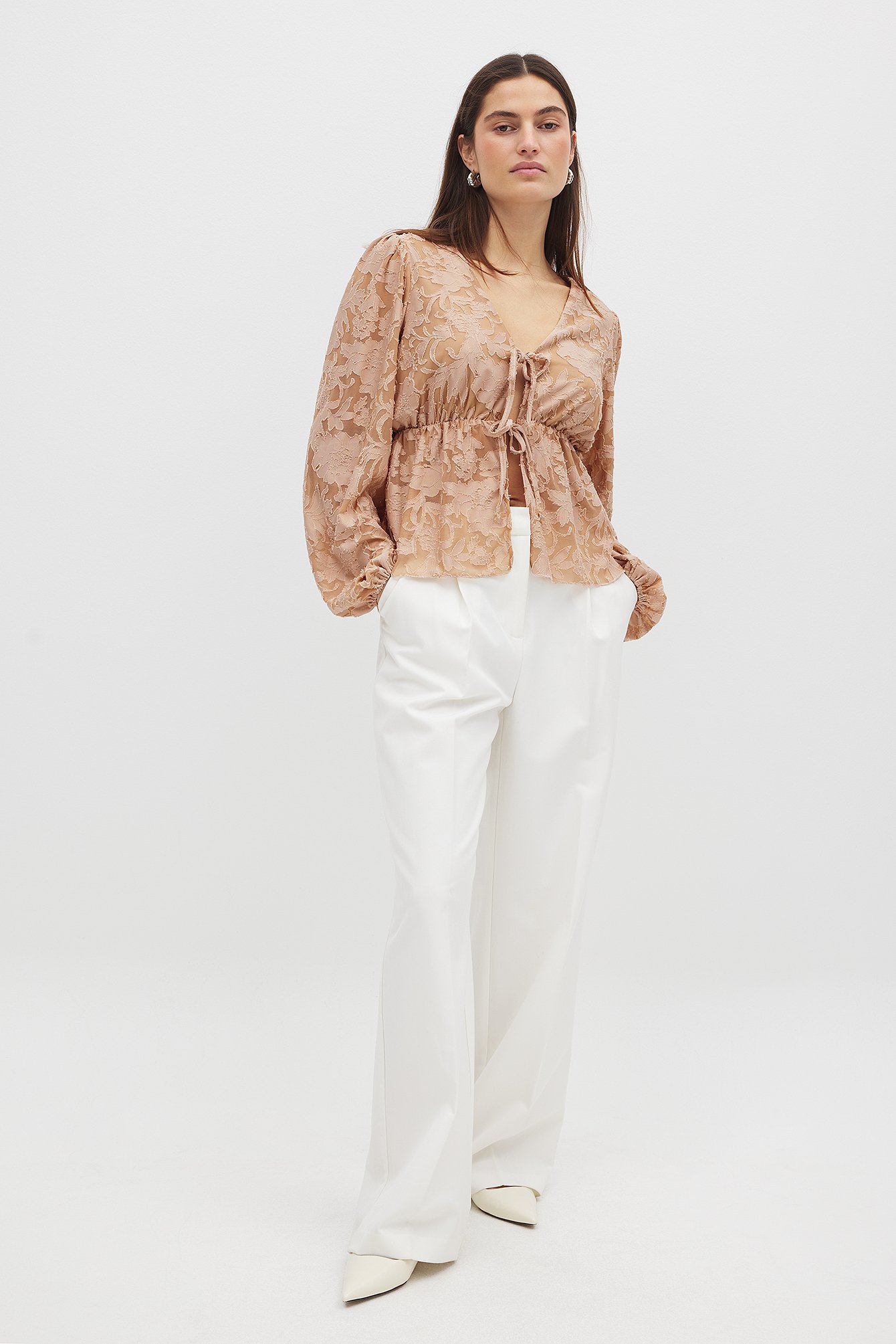 NA-KD Burn Out Puff Sleeve Top - Blouses - Beige - XS (EU 32) - NA-KD / NAKD