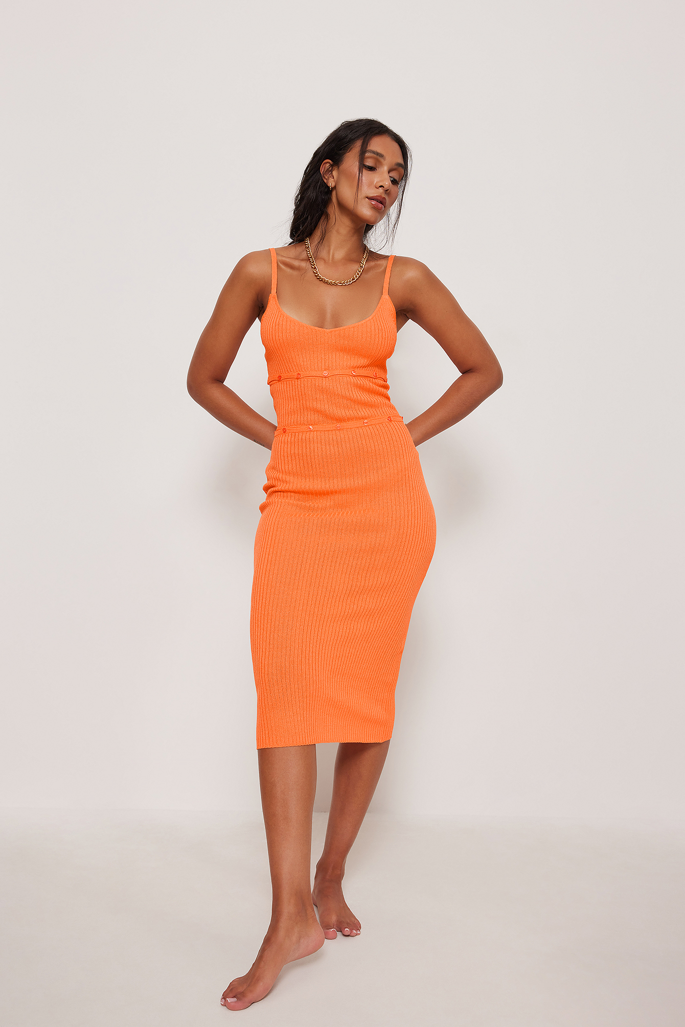 Button Detail Knitted Dress Orange | na 