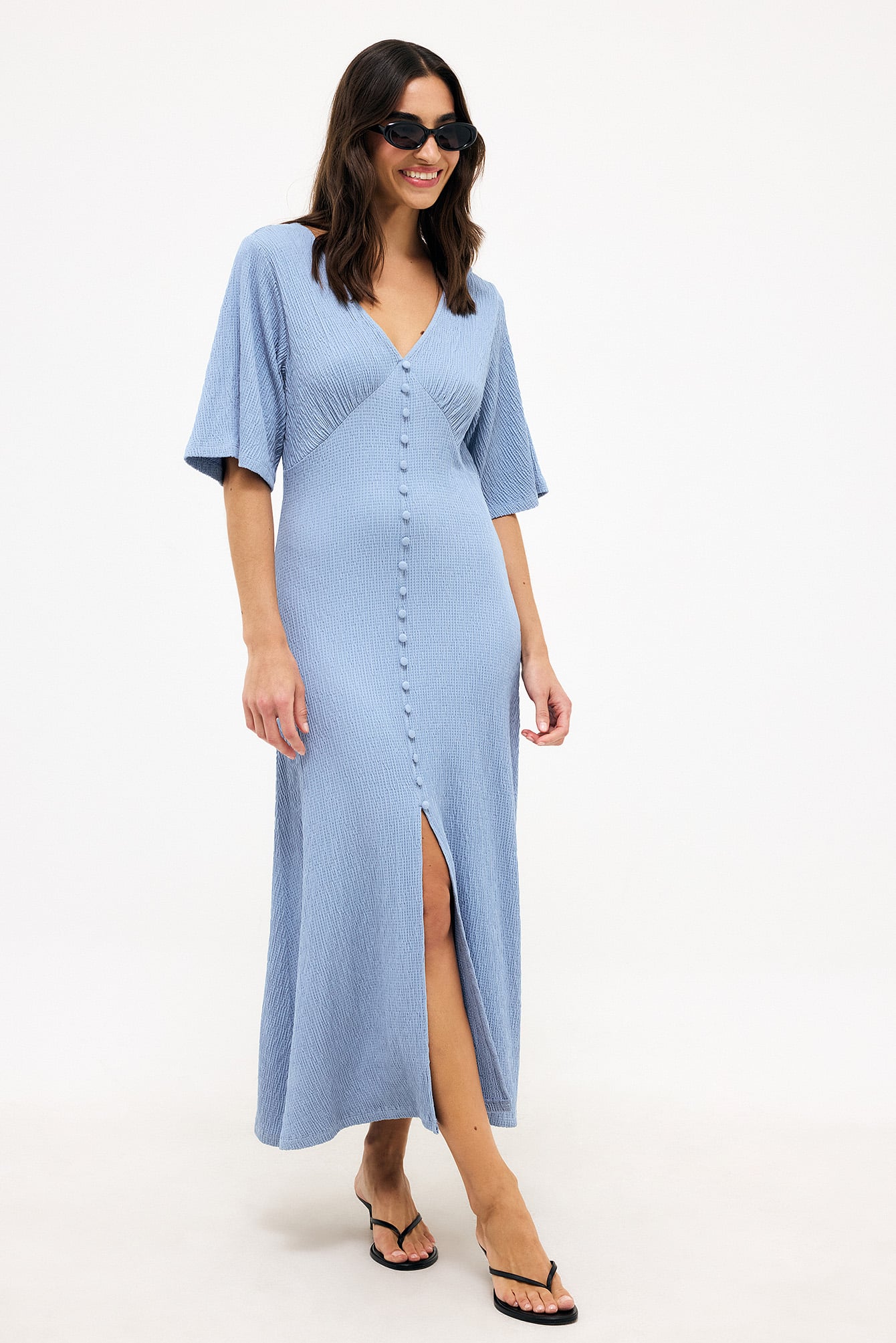 button detail midi dress Women's The Good Life Navy Cotton Button Front Midi Dress | Size: S