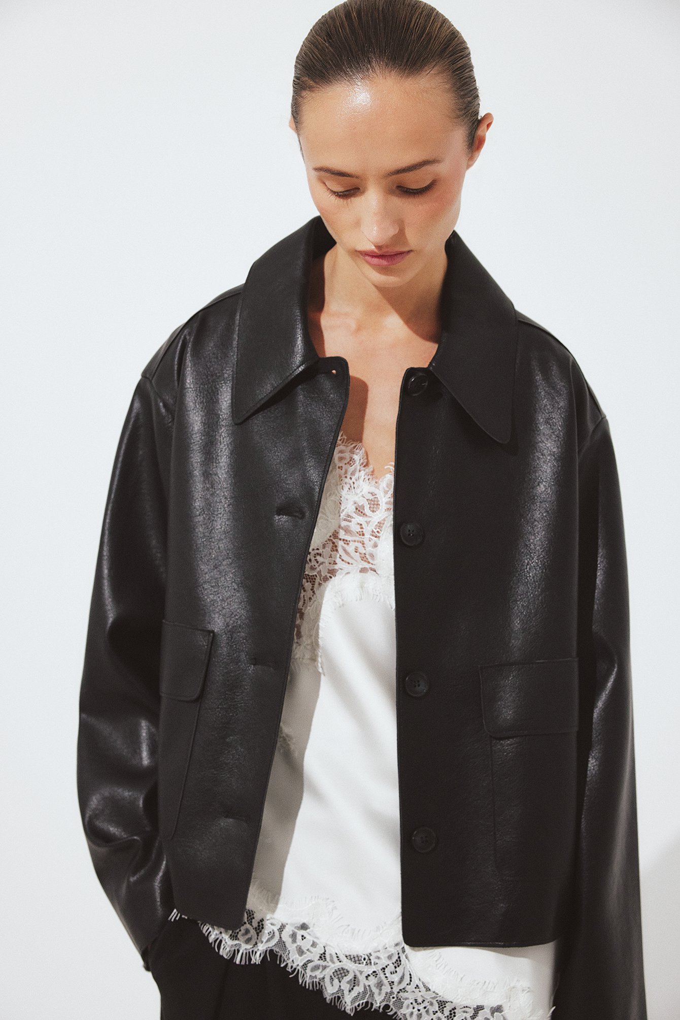 Button Detail Short Faux Leather Jacket Black | NA-KD