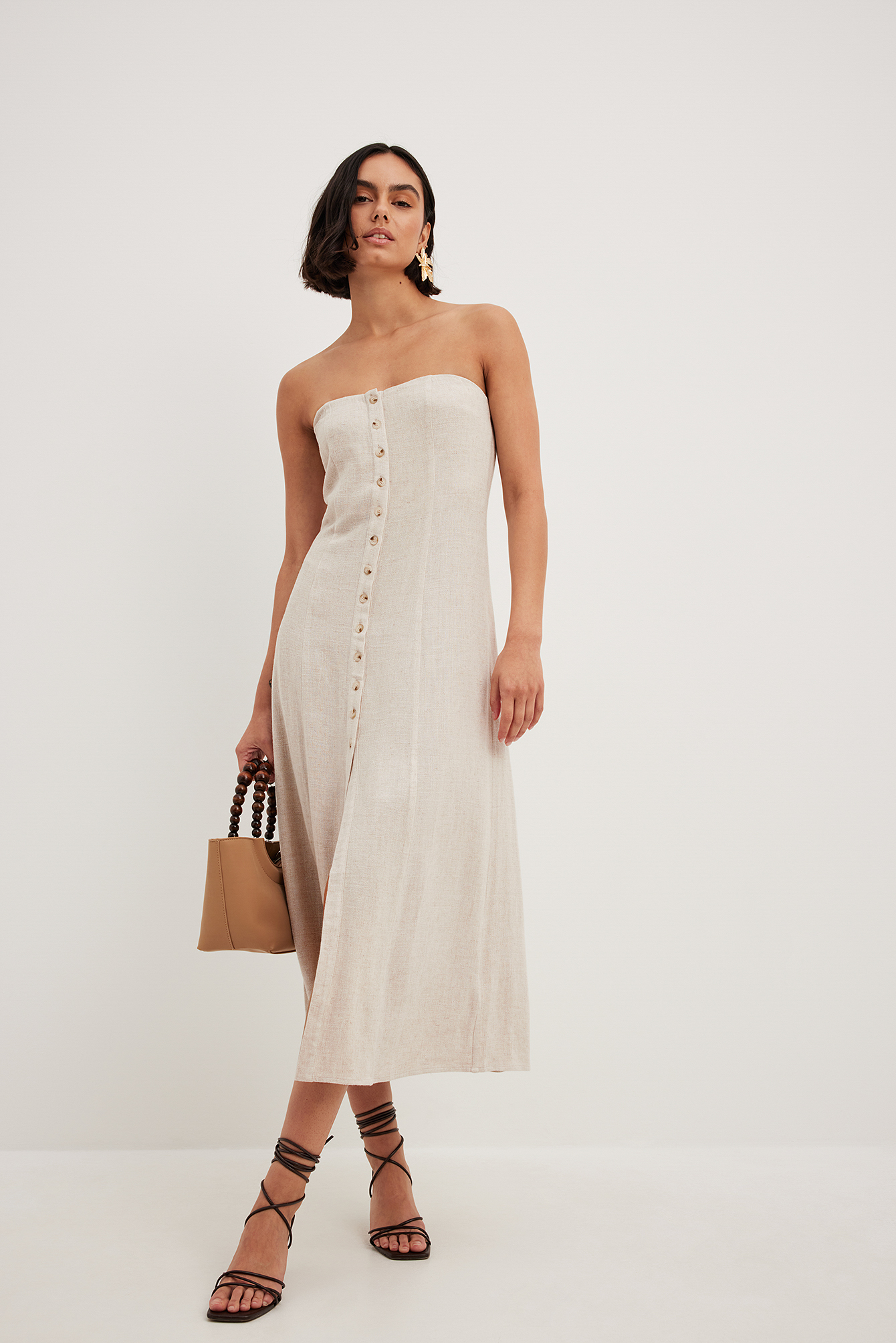 Linen Blend Button Up Bandeau Dress