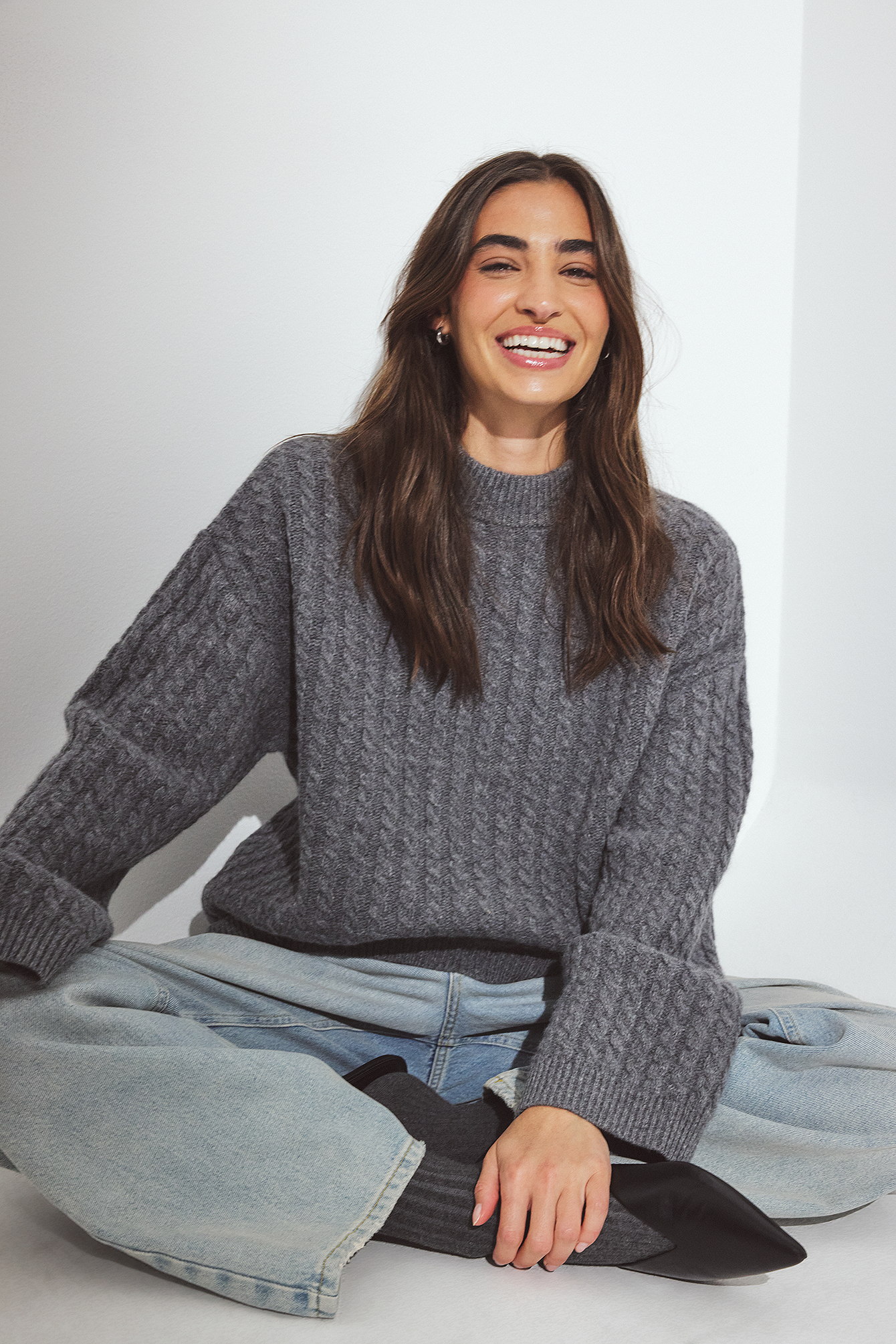Premium Selection Cable Knit Oversized Wool Sweater - Cable Knit Sweaters - Grey - XS - NA-KD / NAKD