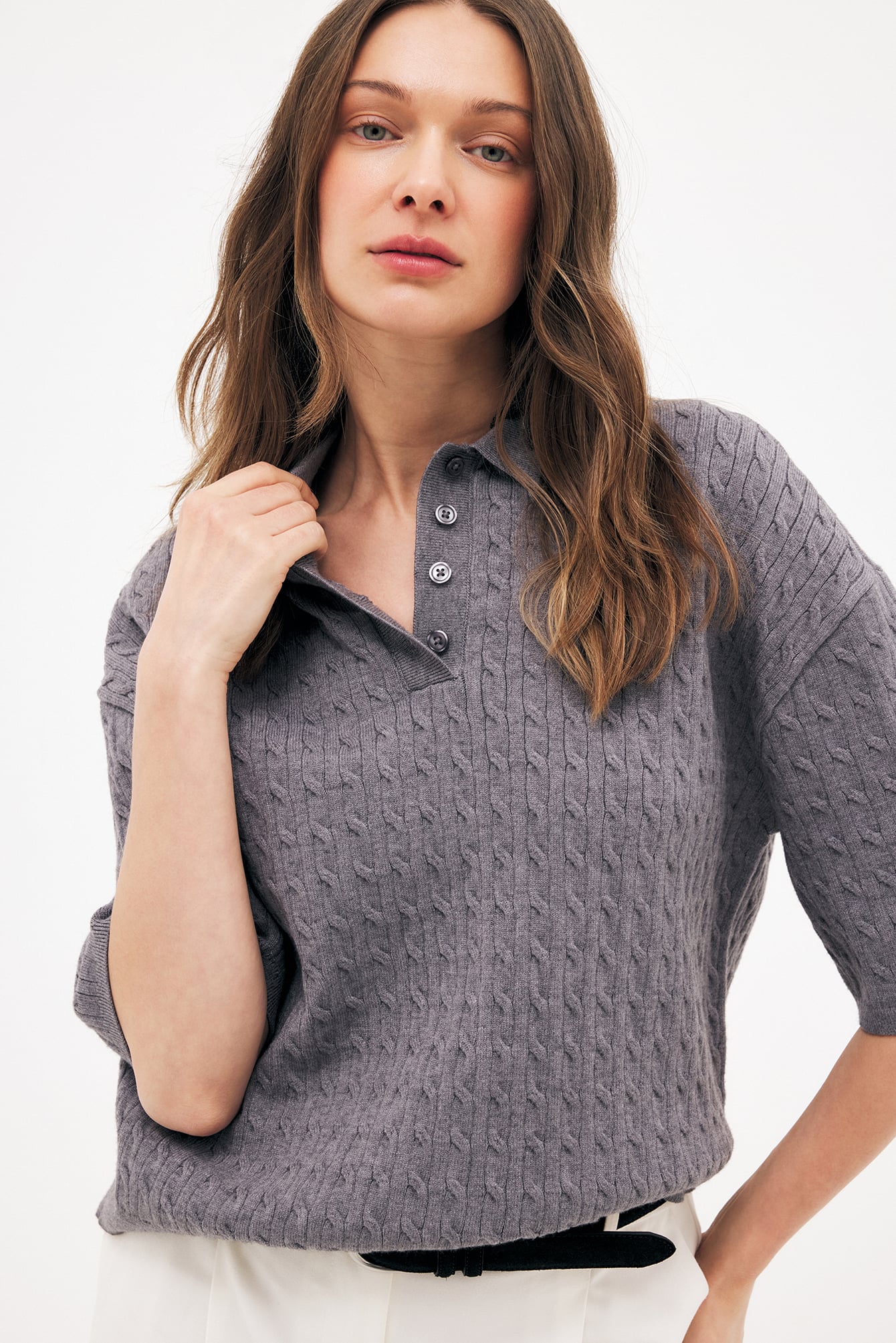 Korte top met korte mouwen en kabelmotief - Gebreide Tops - Grijs - XS - NA-KD / NAKD