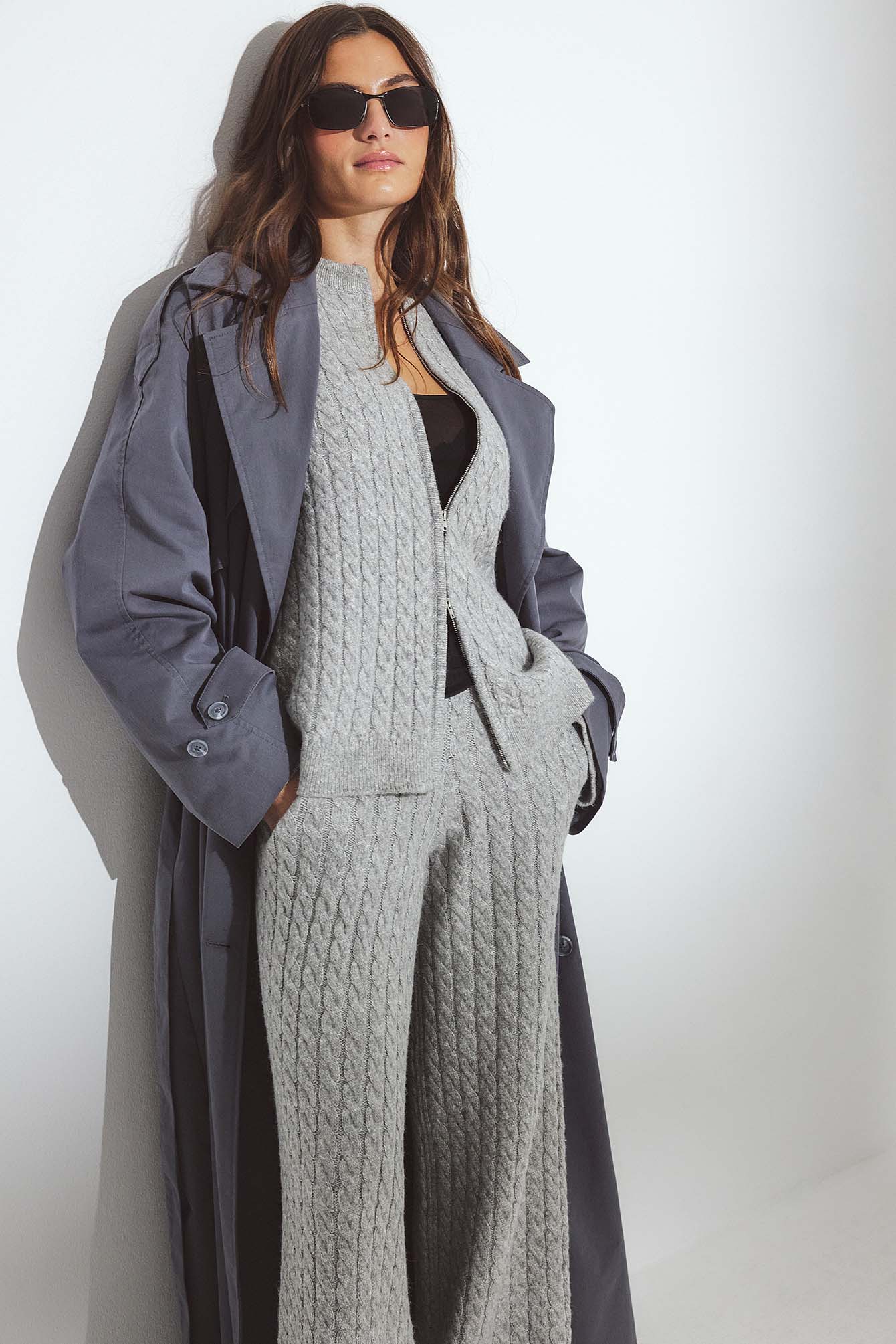 NA-KD Cable Knit Zip Sweater - Cable Knit Sweaters - Grey - XL (EU 46) - NA-KD / NAKD