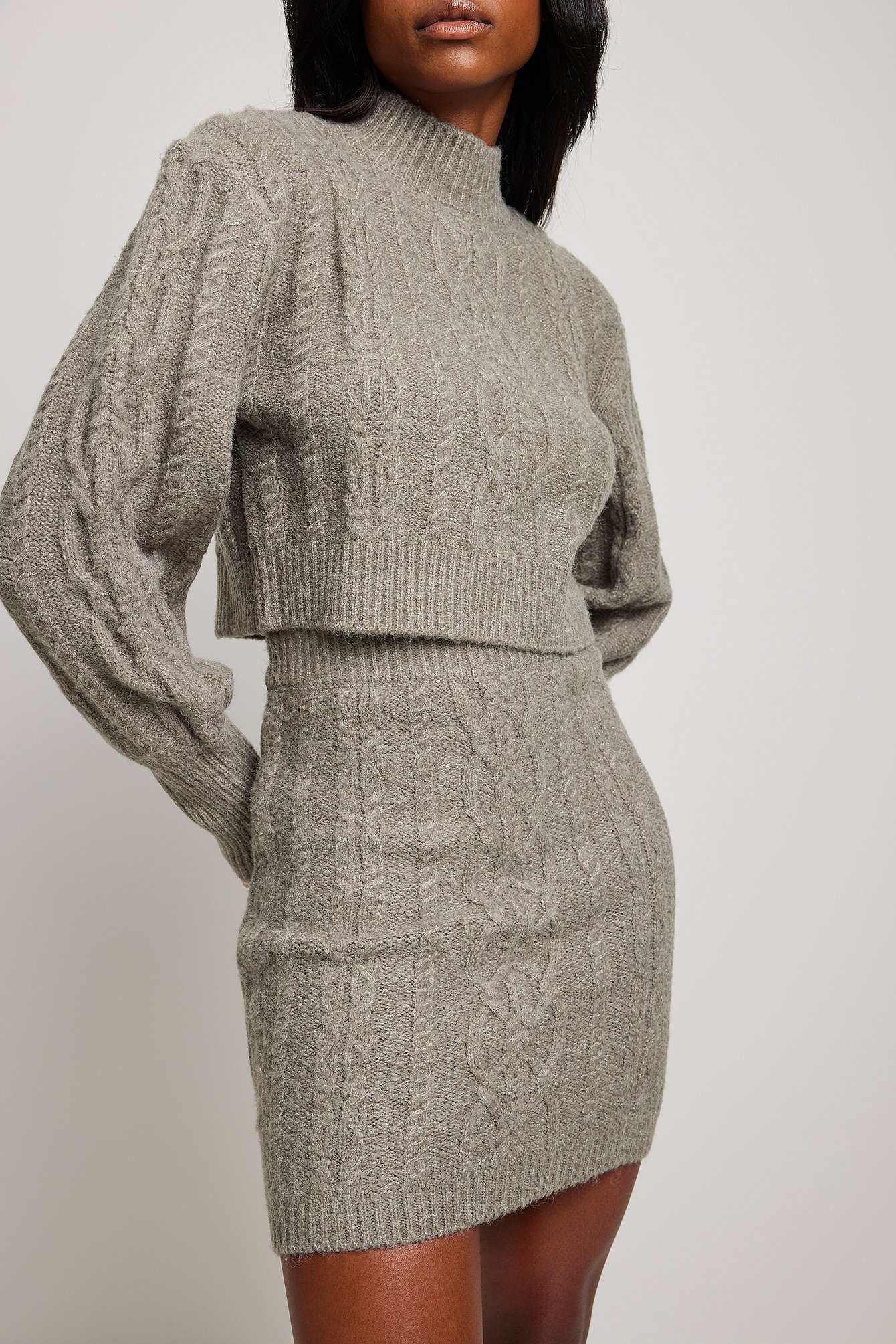 Grey Melange Cable Knitted Mini Skirt