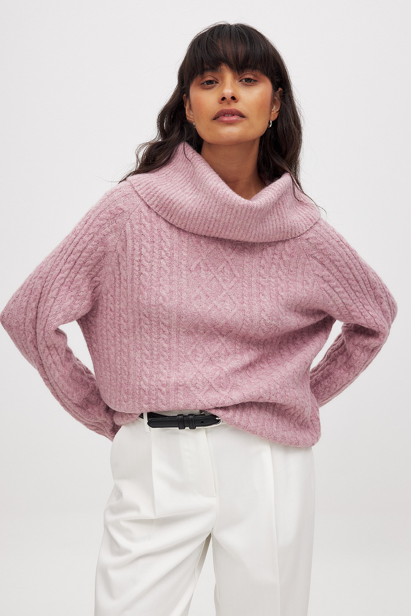 NA-KD Strickpullover mit Zopfmuster und Rollkragen - Pullover mit Zopfmuster - Rosa - XS (EU 32) - NA-KD / NAKD