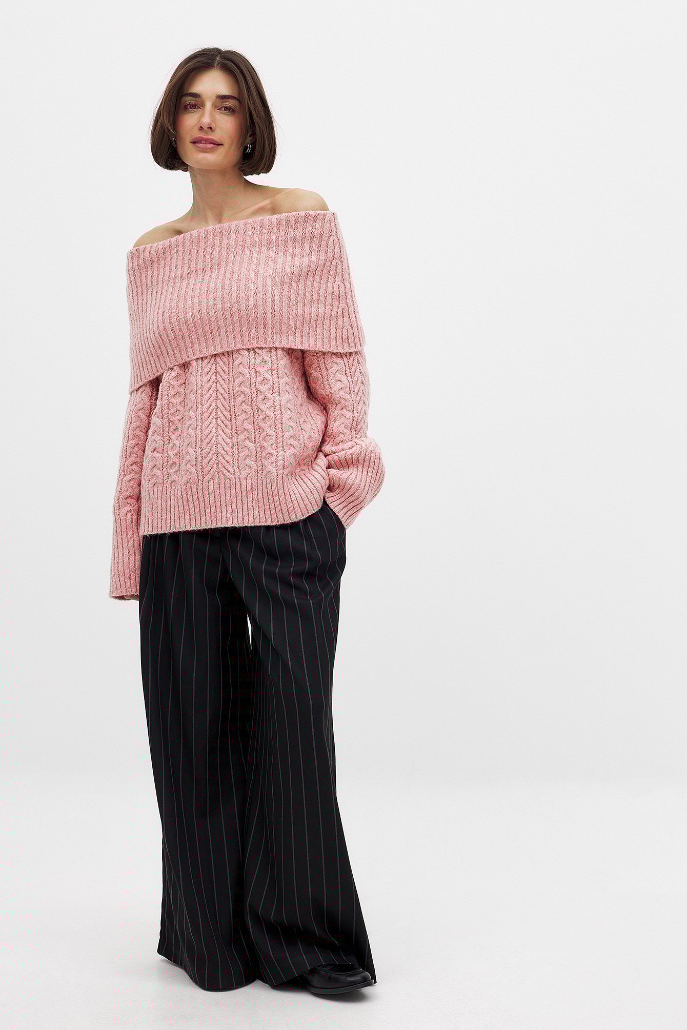 NA-KD Cable Knitted Off Shoulder Sweater - Cable Knit Sweaters - Pink - XS (EU 32) - NA-KD / NAKD