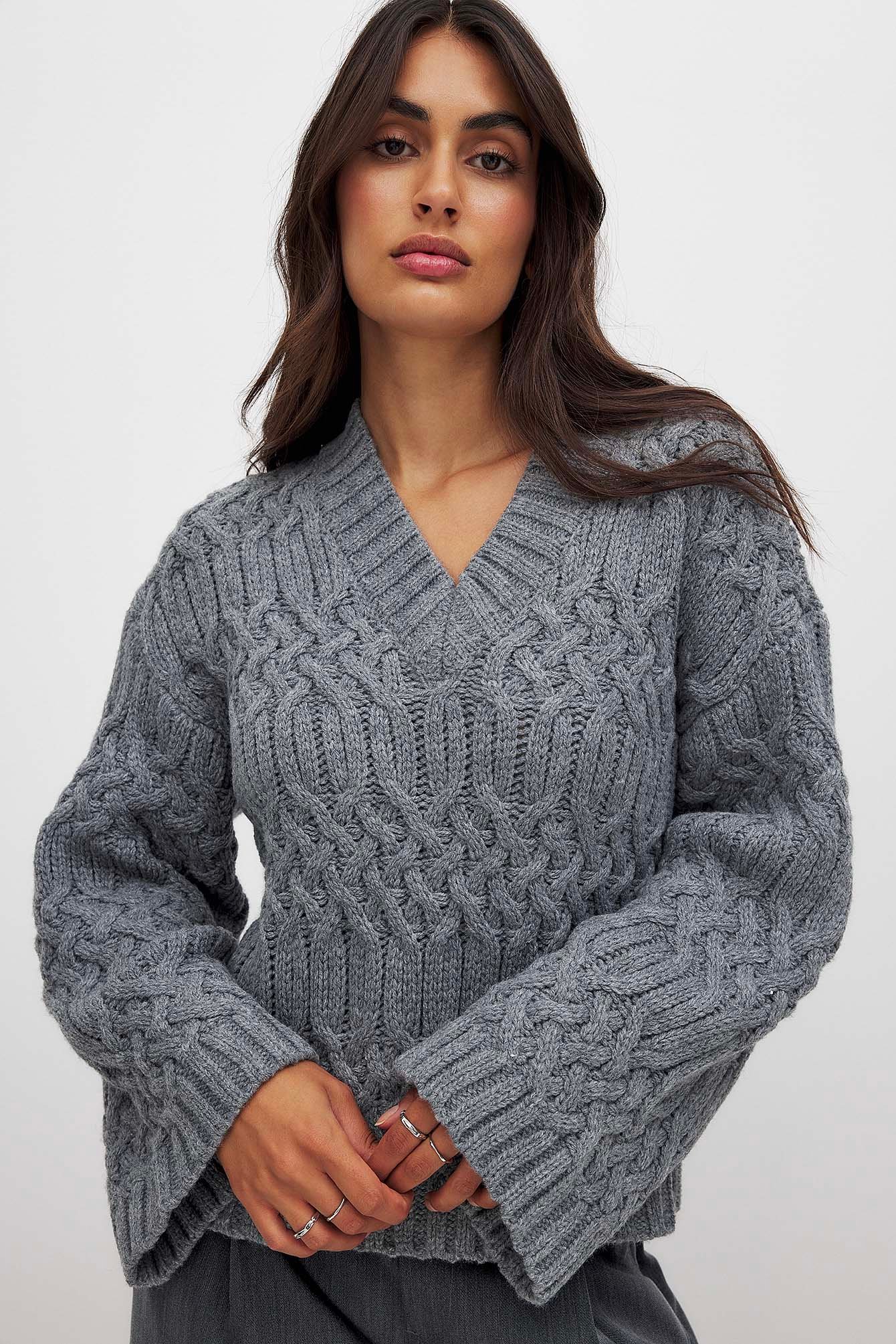 V Neck Cable Cord Sweater V Neck Cashmere Blend Cable Knit Women's