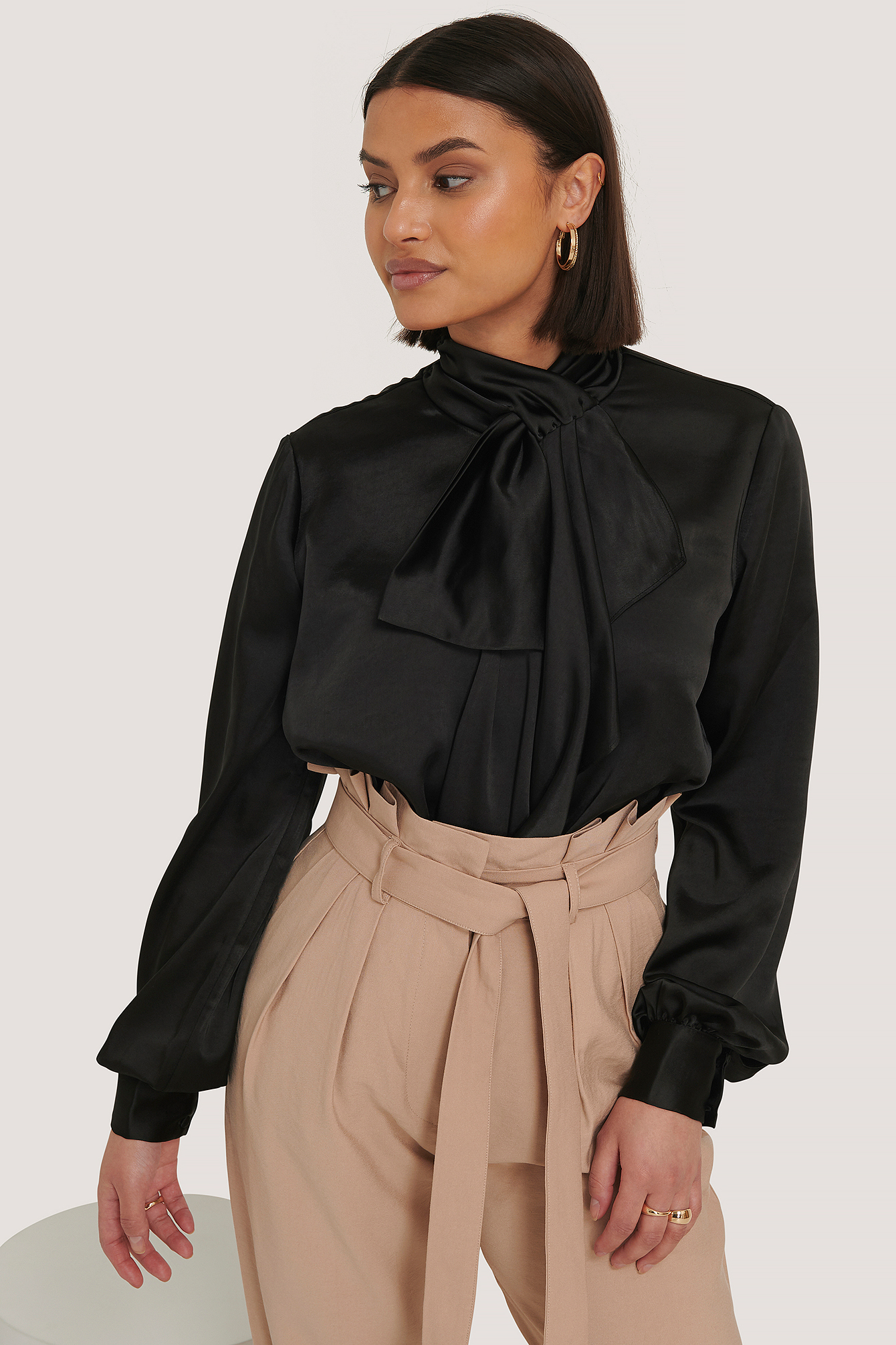 Scarf Neck Front Tie Blouse Black
