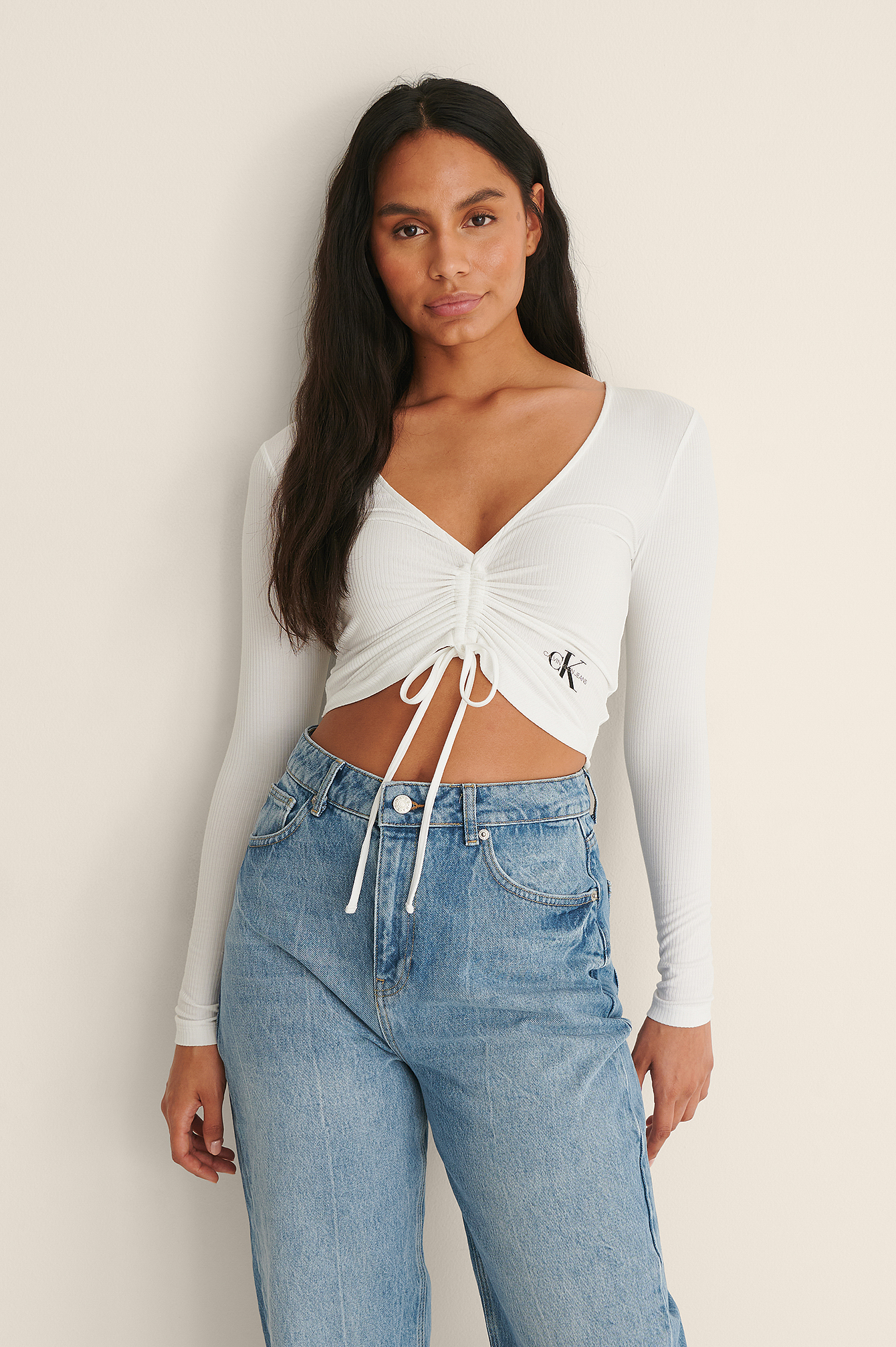 Drawstring V-Neck Rib Tee White | na-kd.com