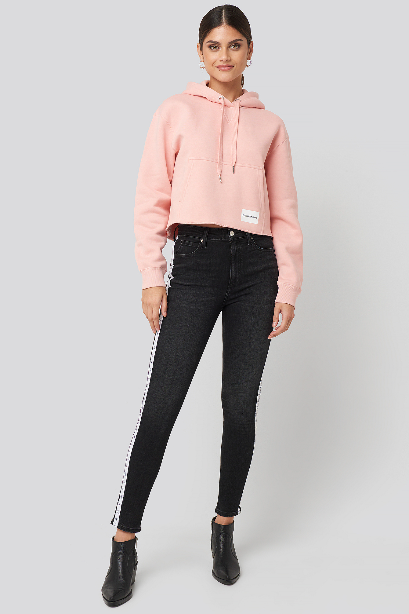 High Rise Skinny Ankle Denim Jeans Black/Black White Mono Tape
