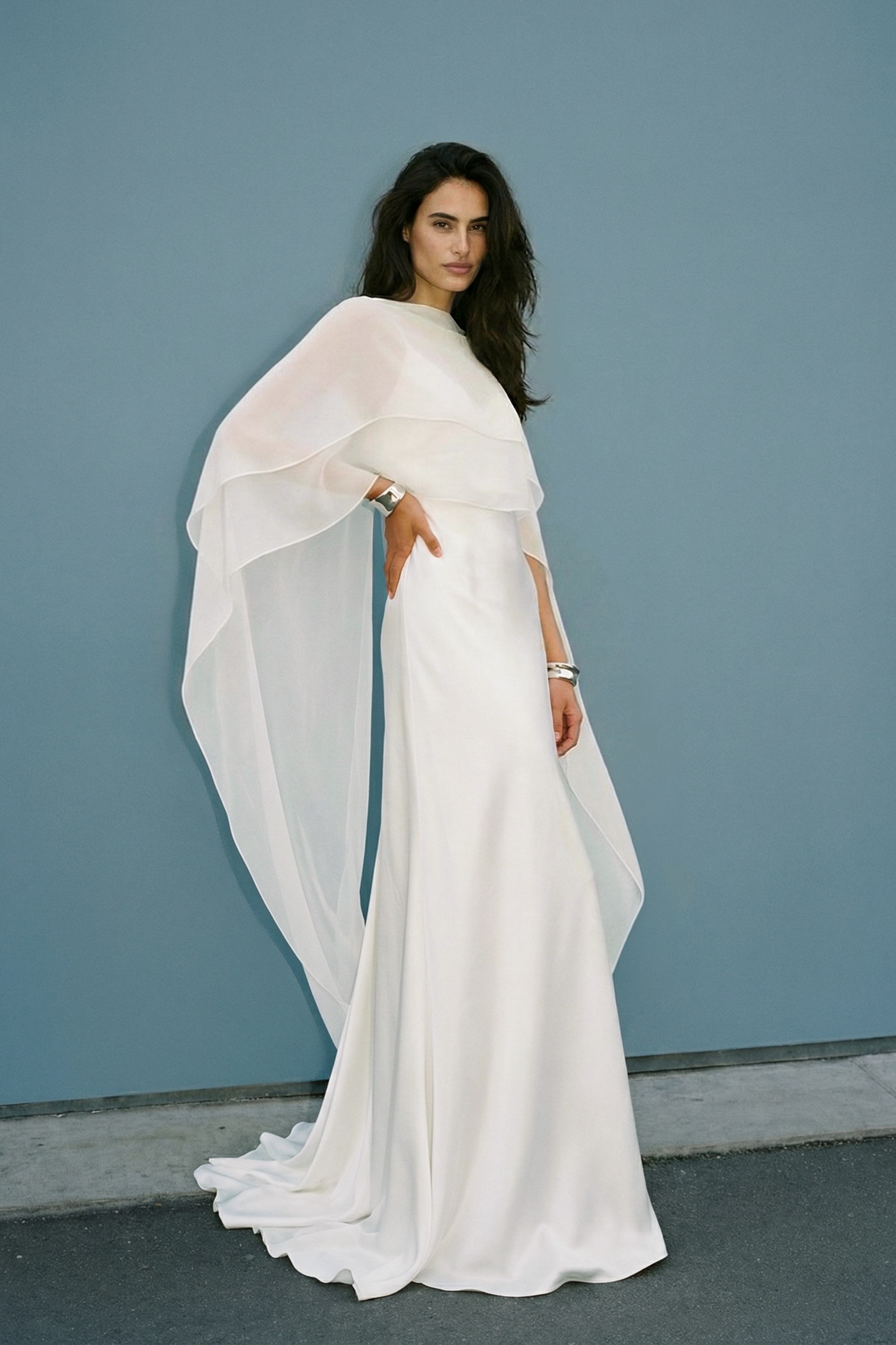 white christmas dresses BABEYOND 1920s Inspired Low Back Draped Cape Wedding Gowns, Elegant 1920s Wedding Evening Dresses, White, Size 4