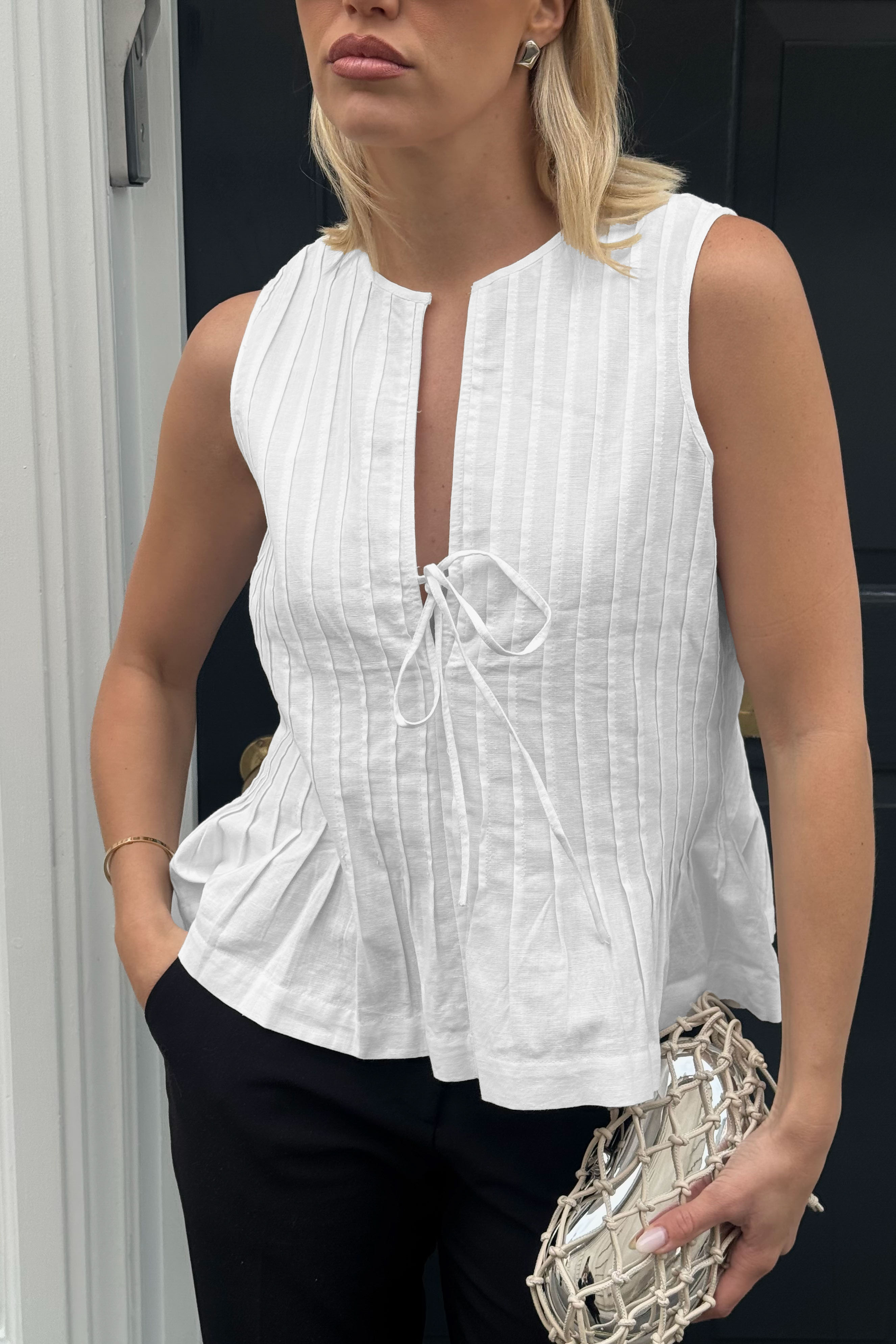 Linen Blend Pleated Top