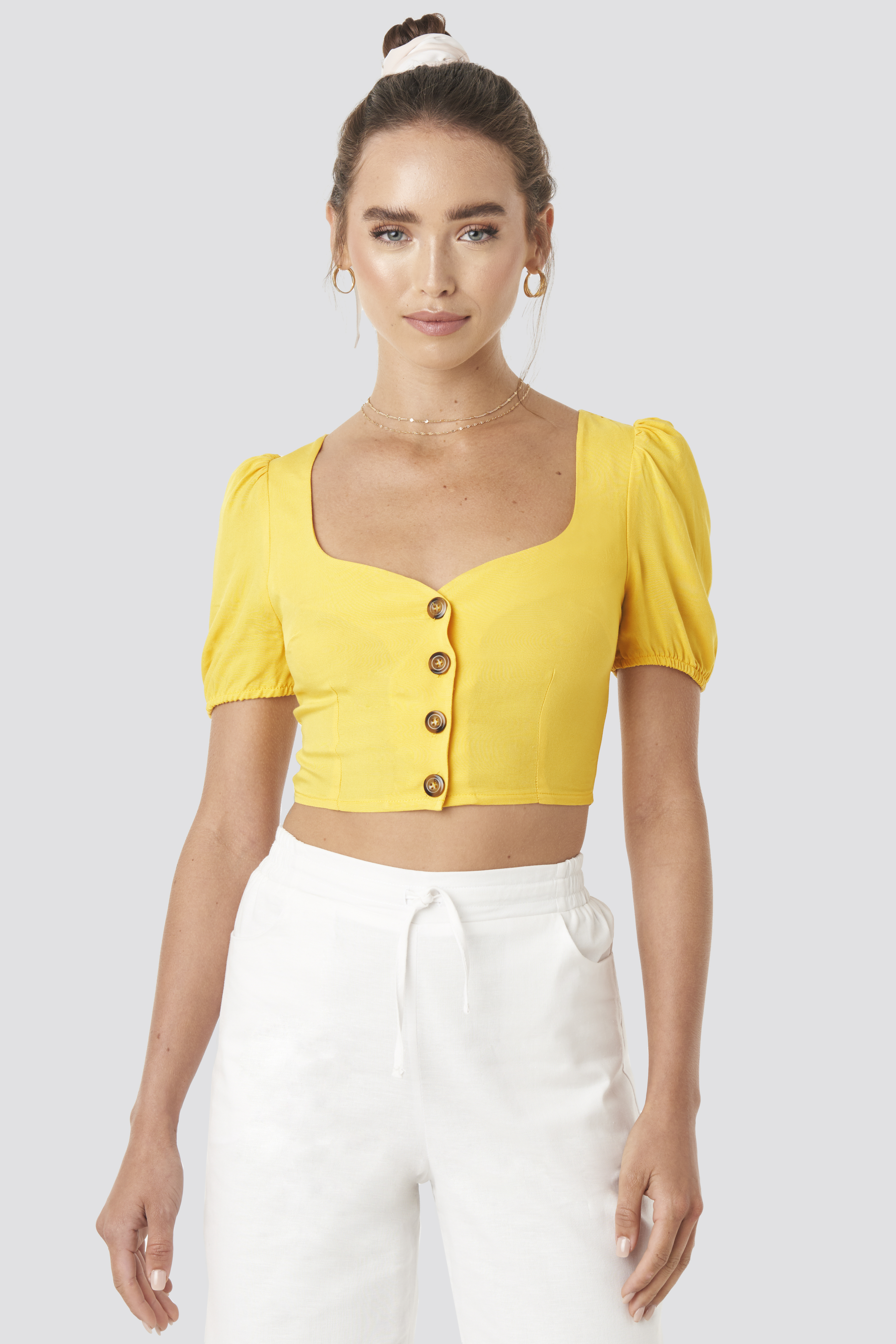 Wide Neck Buttoned Top Yellow