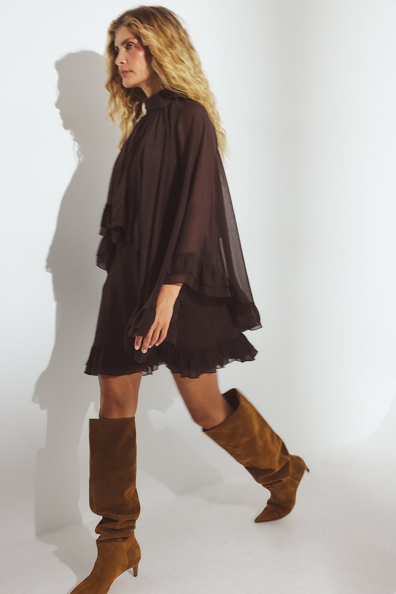 Chiffon Cape Mini Dress Brown | NA-KD Chiffon Cape Mini Dress Brown | NA-KD