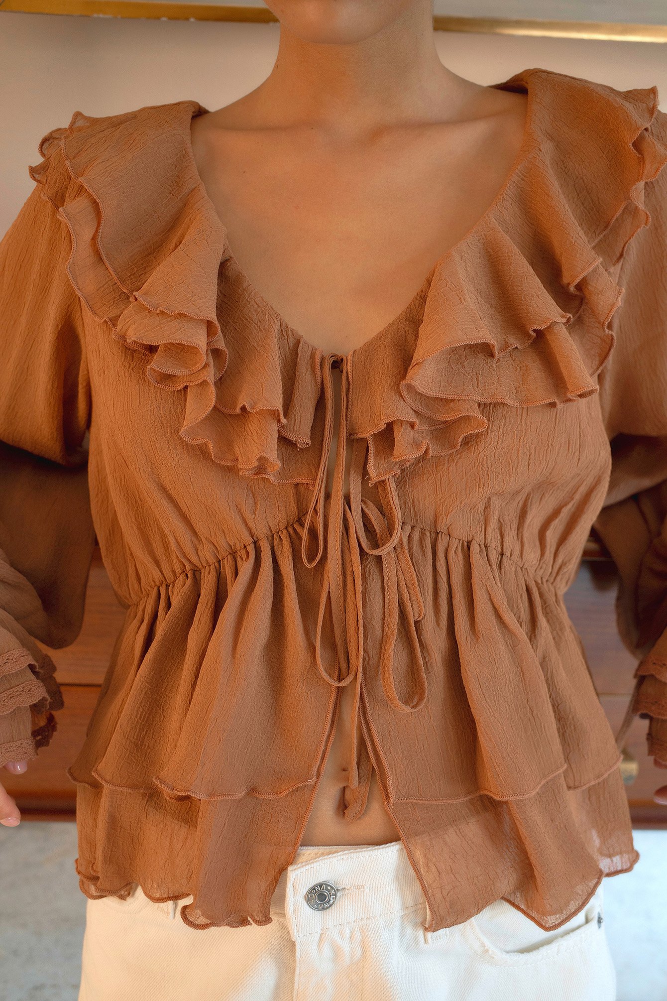 NA-KD Chiffon Ruffle Long Sleeve Blouse - Blouses - Brown - EU 44 - NA-KD / NAKD