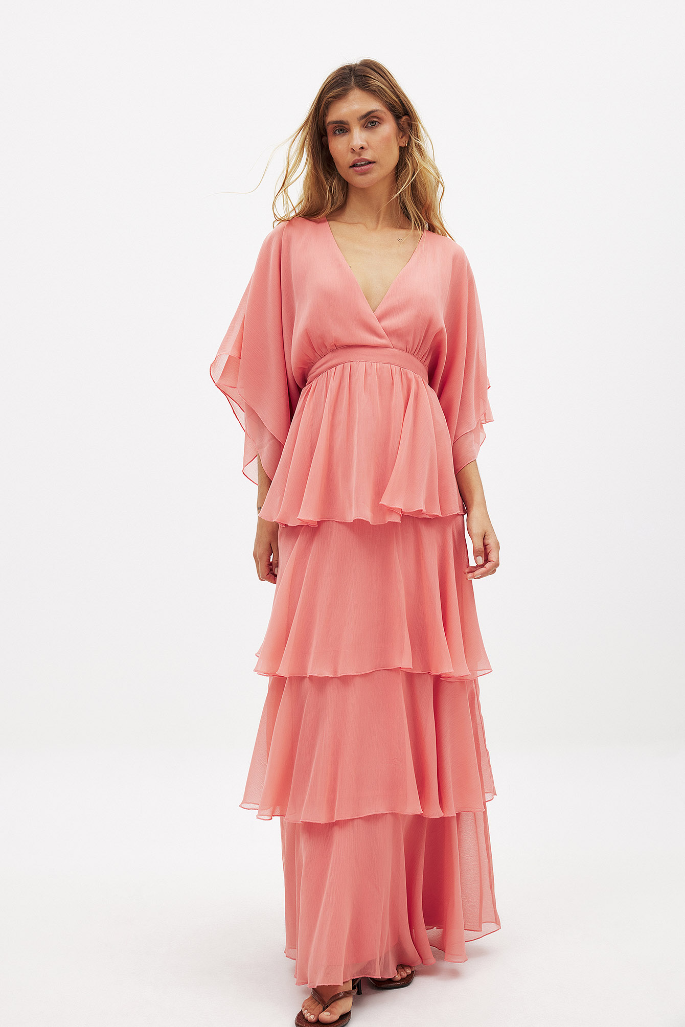 NA-KD - Maxikjole i chiffon med flerlag og blonder - Ballkjoler - Rosa - EU 32 - NA-KD / NAKD