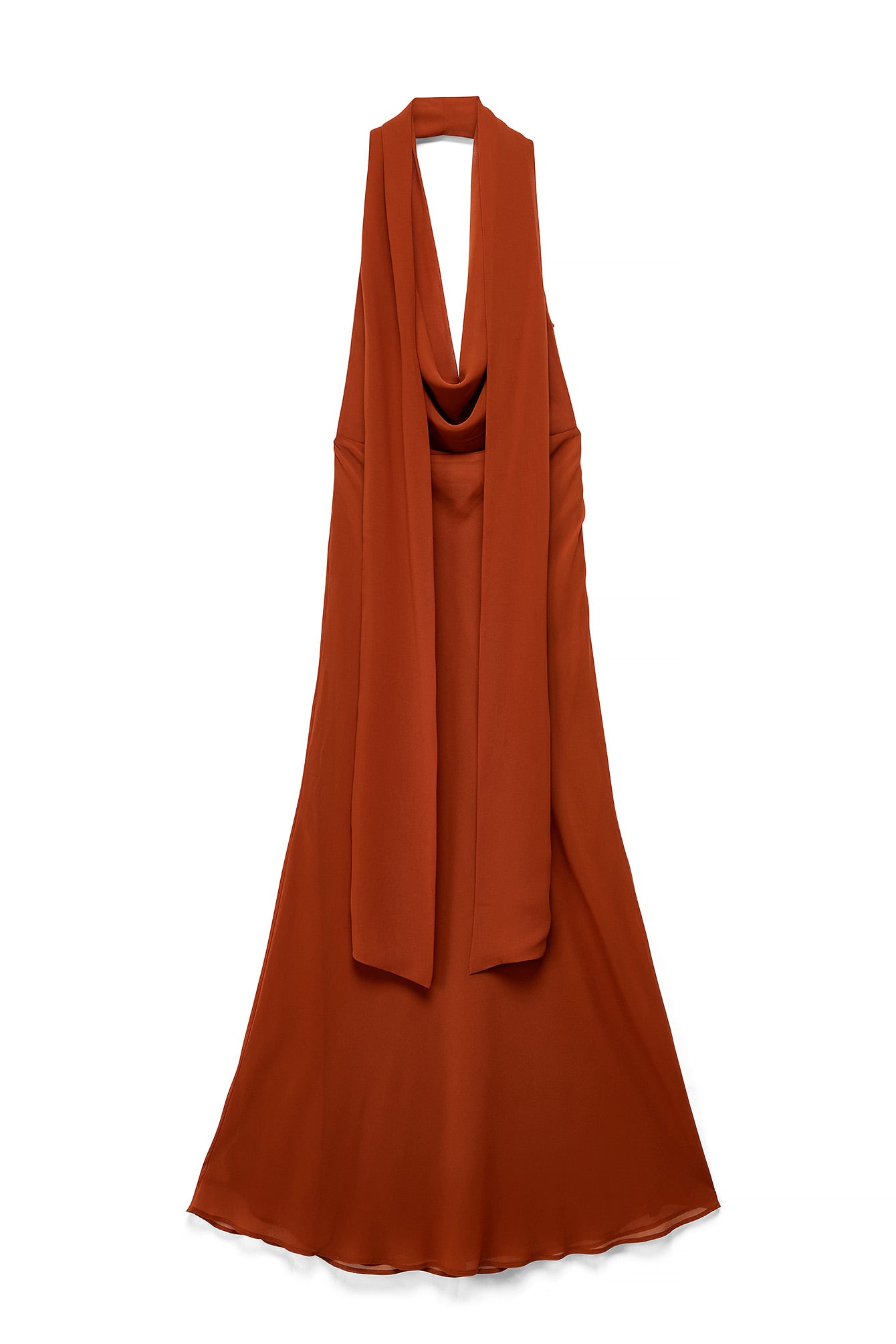 Burnt Orange Maxiklänning i chiffong med vattenfallseffekt