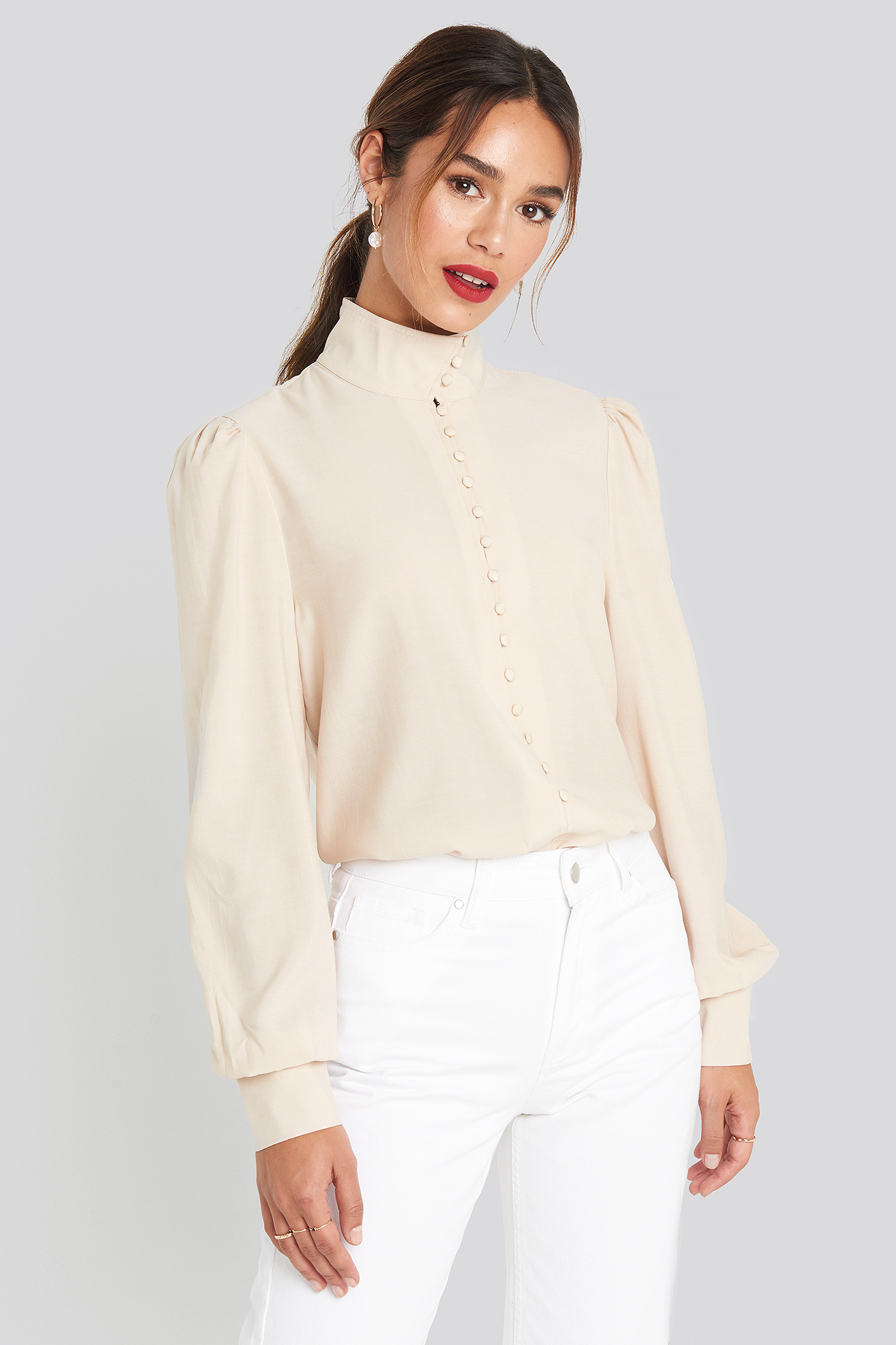 High Neck Button Blouse Beige