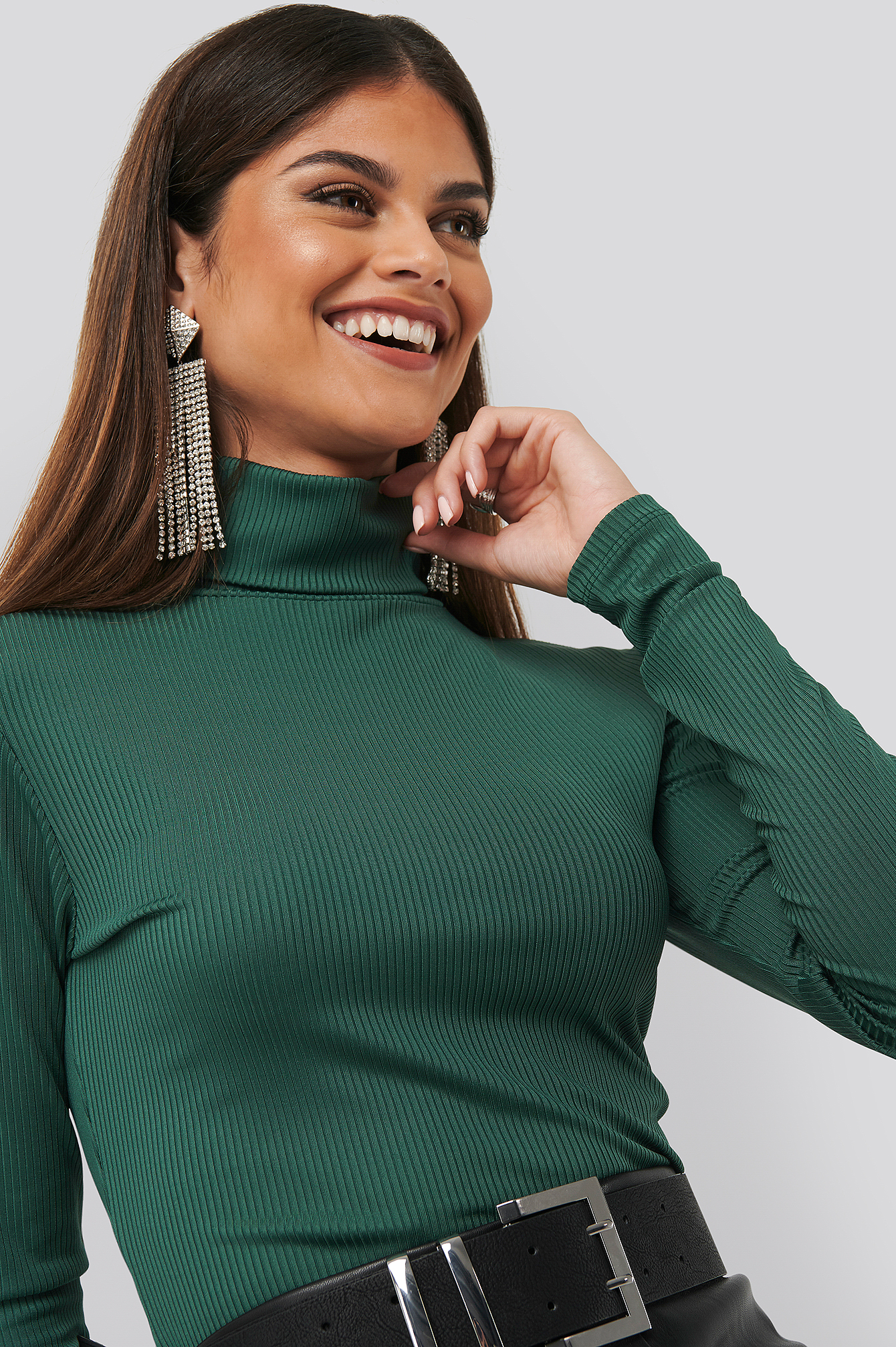 High Neck Ribbed Top Emerald Green