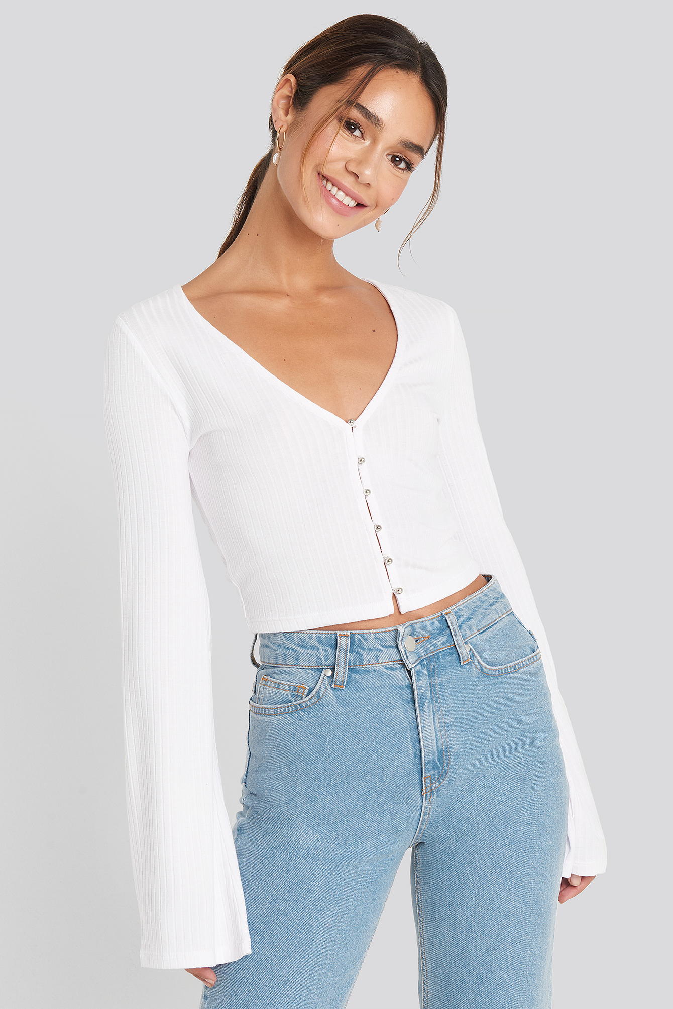 Pearl Detail Jersey Top White