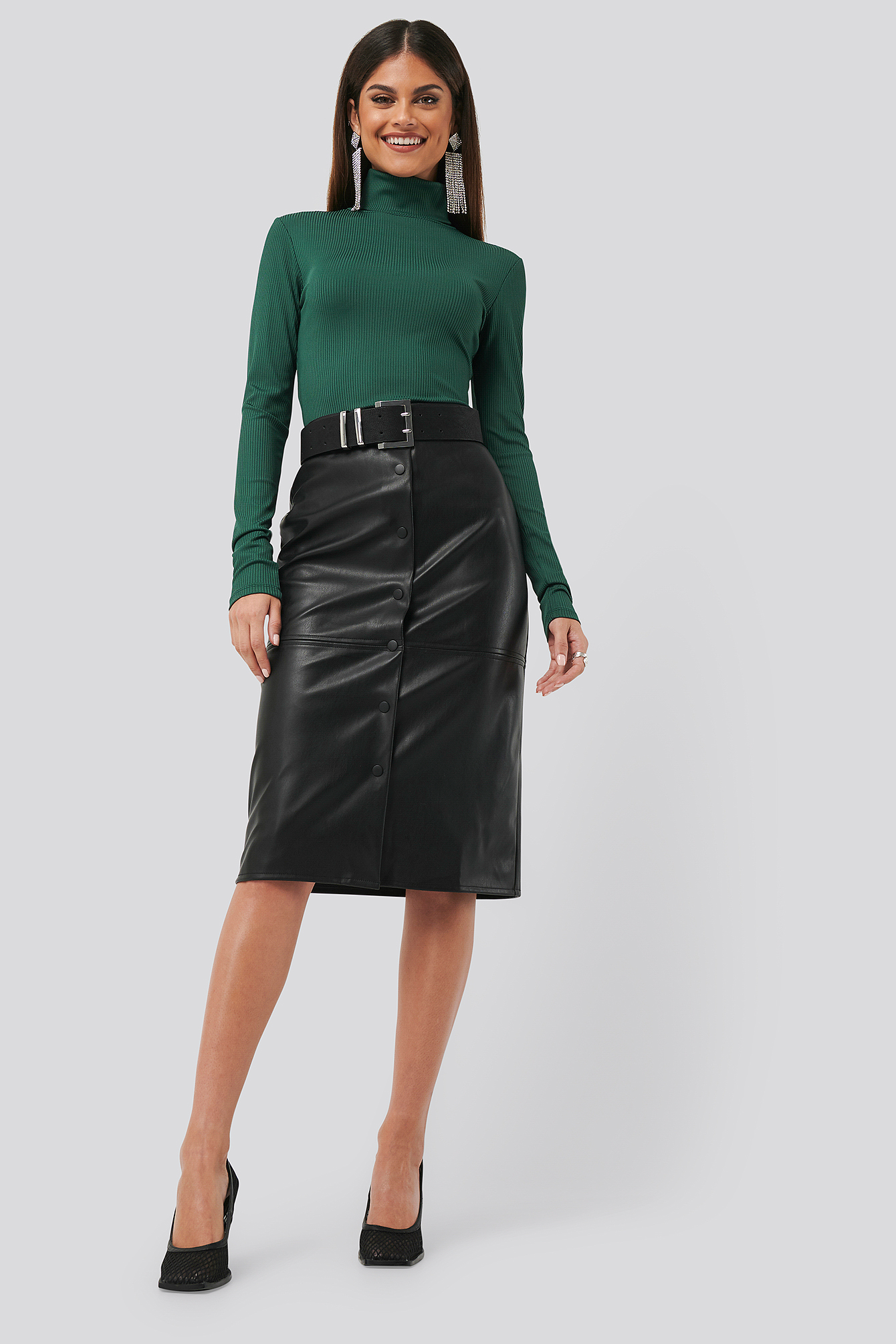 PU Button Midi Skirt Black