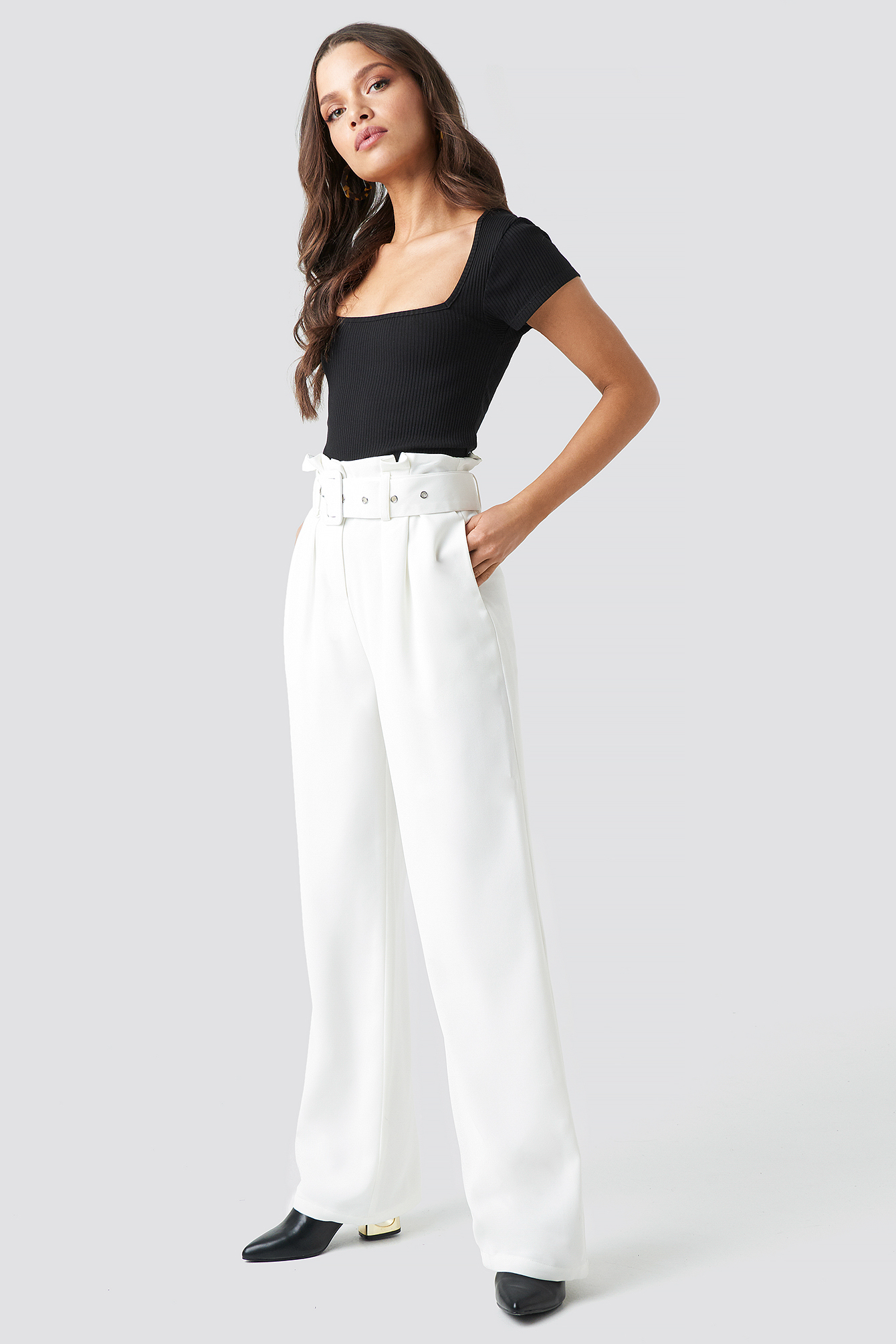 Belted Highwaist Flared Pants White