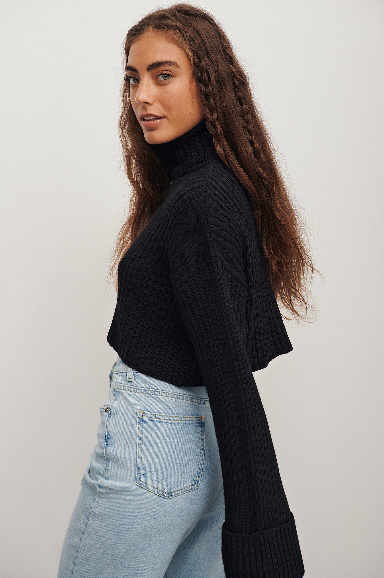 Black Cropped Ribbed Polo Sweater