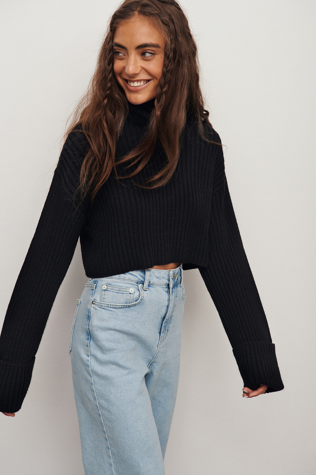 Black Cropped Ribbed Polo Sweater