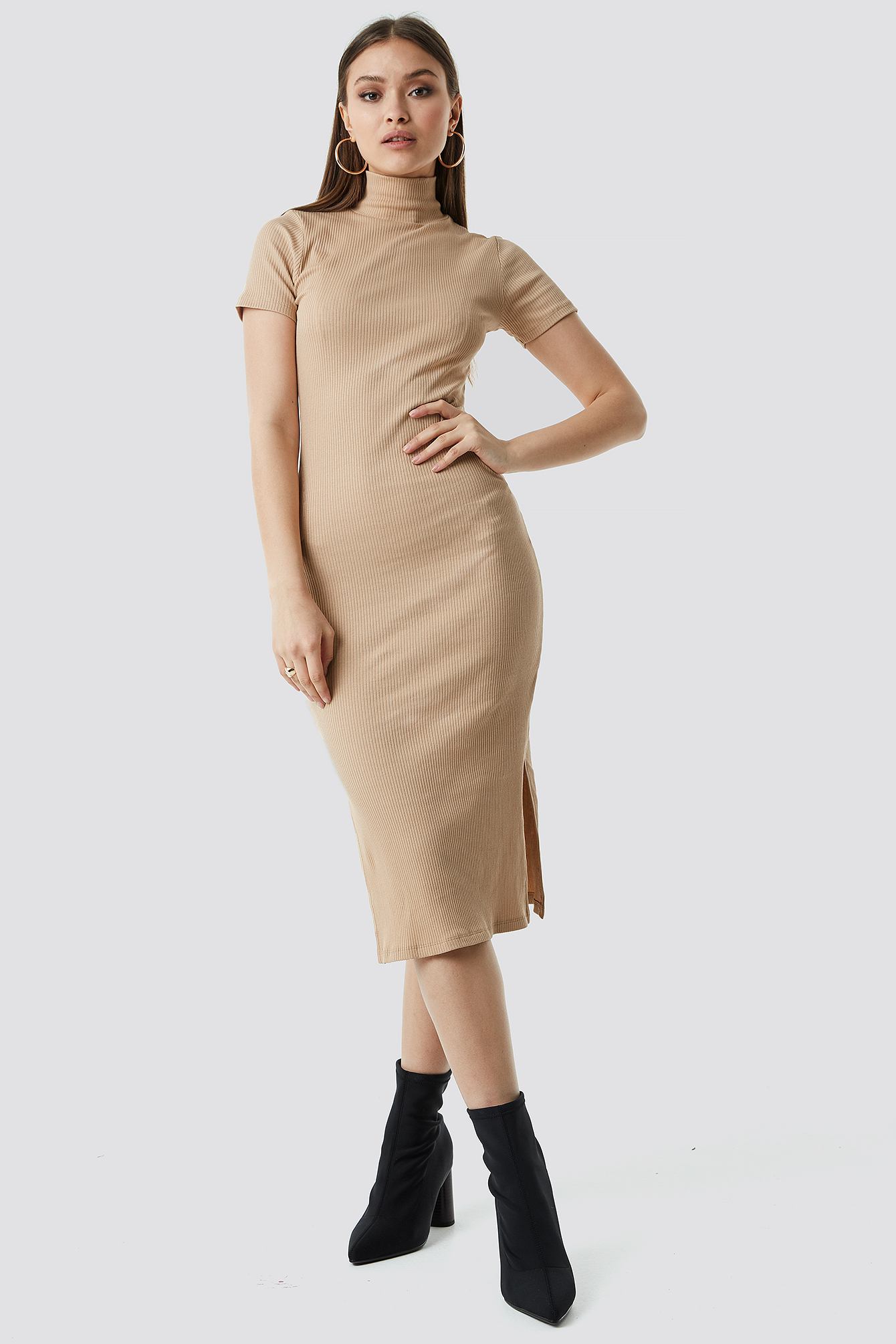 Jersey Rib Midi Dress Beige
