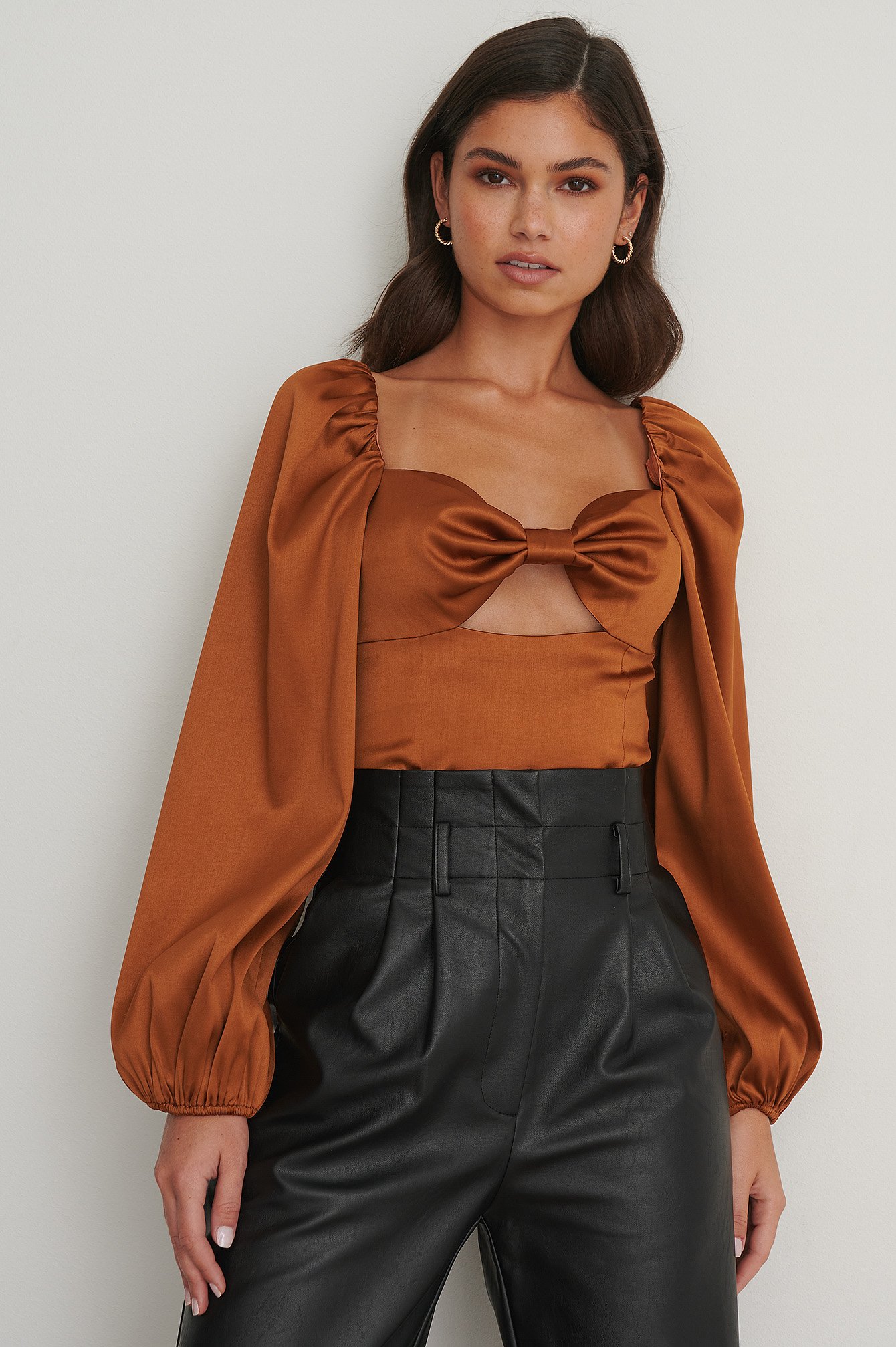 Brown Balloon Sleeve Cut Out Top