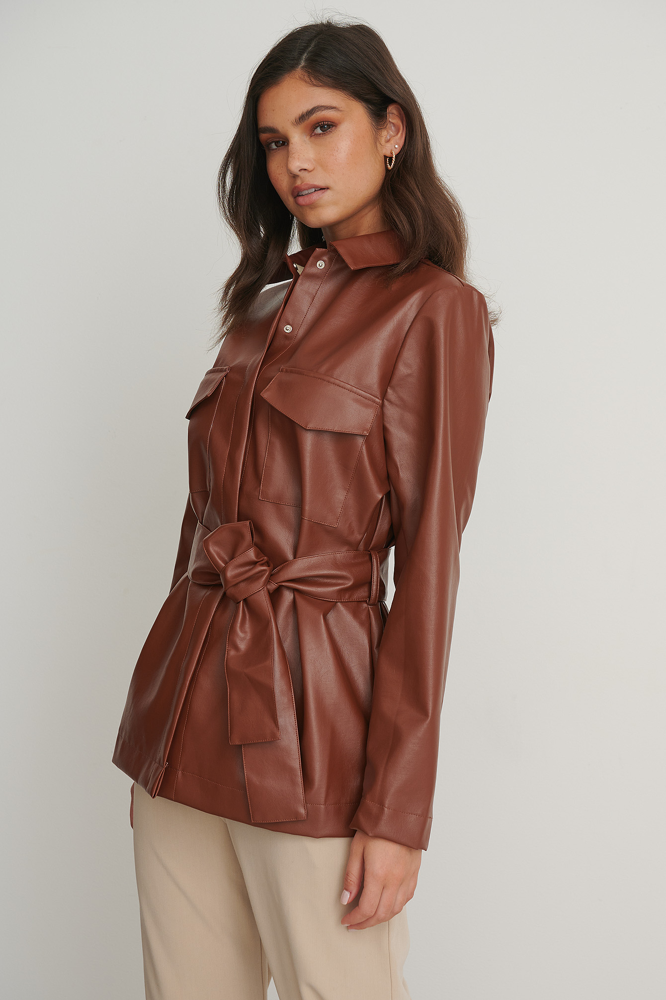 PU Tie Waist Shirt Brown | na-kd.com