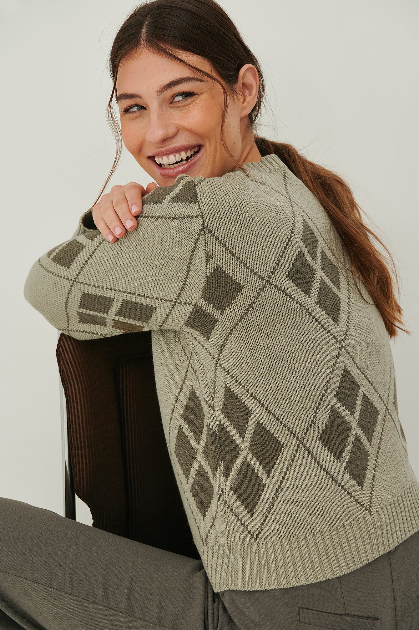 Olive Argyle Check Knitted Sweater