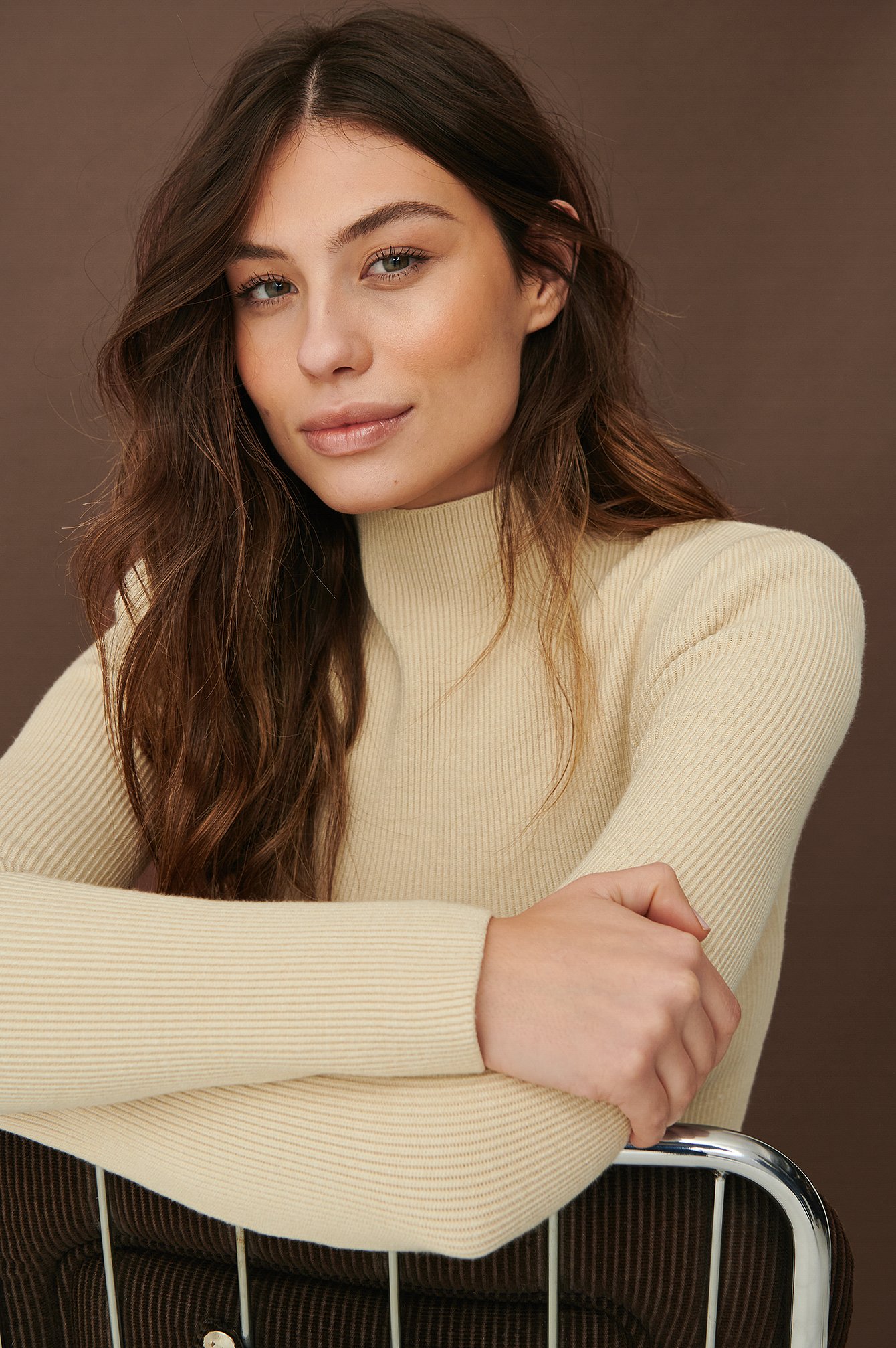 Cream Shoulder Padded Ribbed Sweater