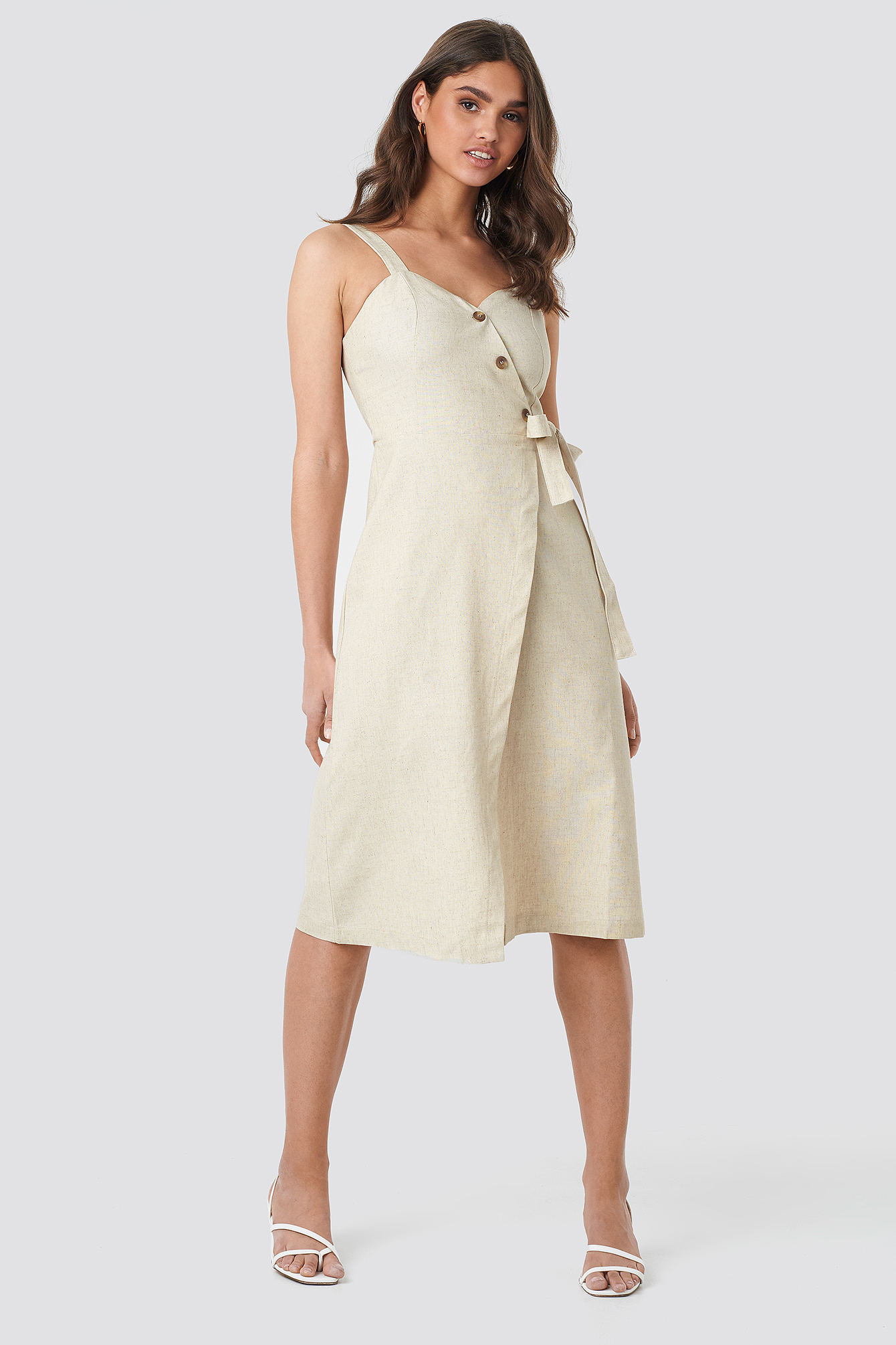 Button Detail Waistband Dress Beige
