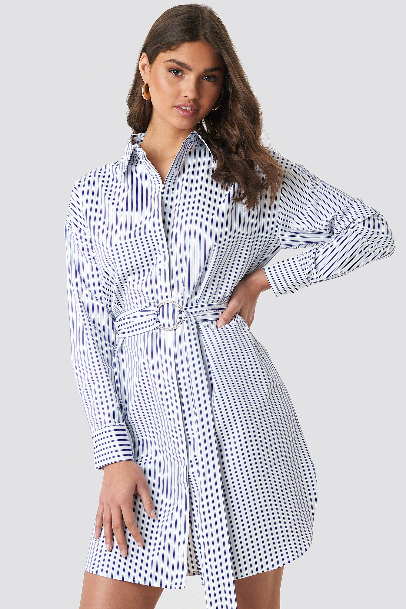 O-ring Striped Shirt Dress White Blue Stripes