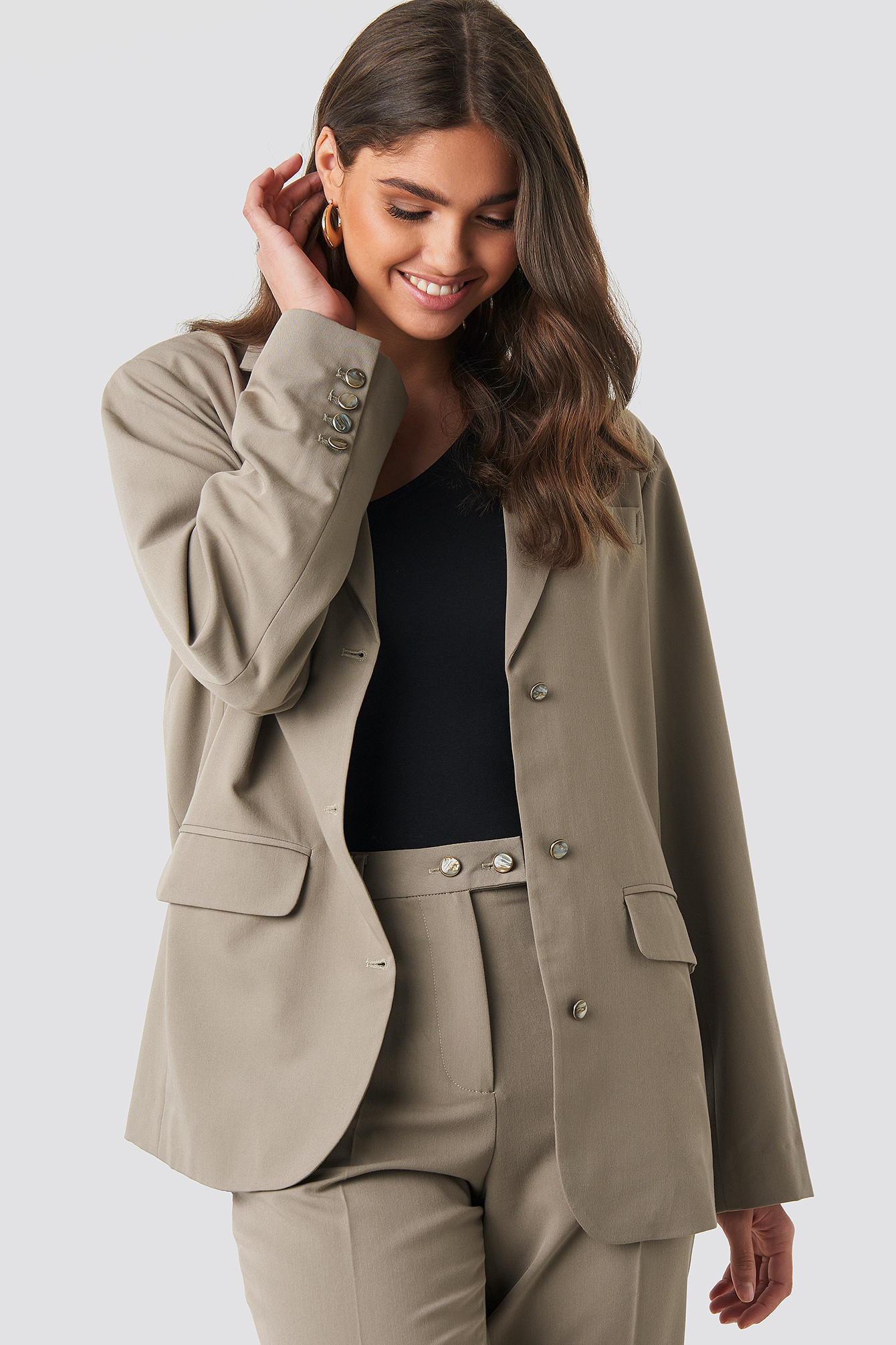 Shiny Button Blazer Taupe