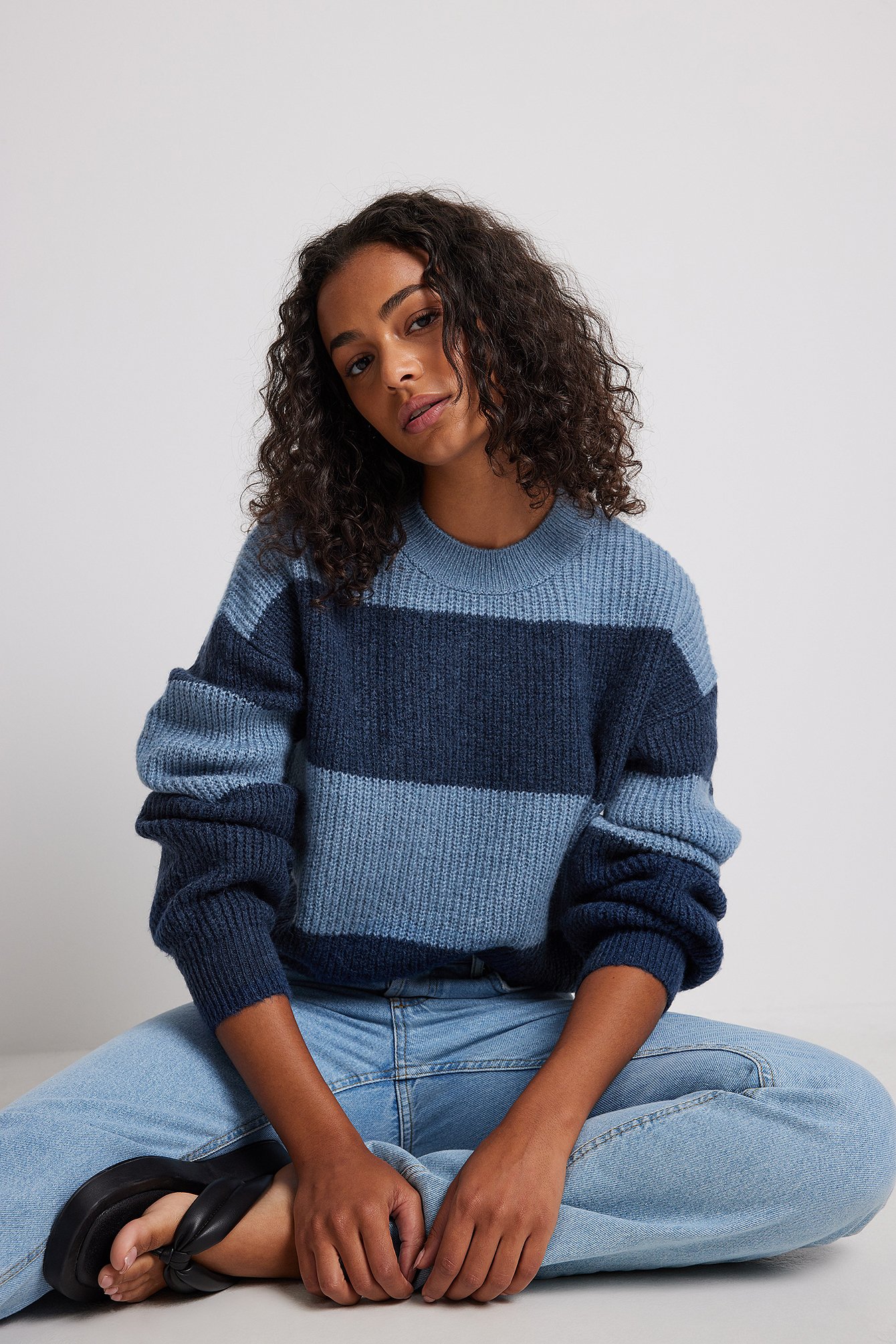 Blue Comb Colour Striped Knitted Sweater
