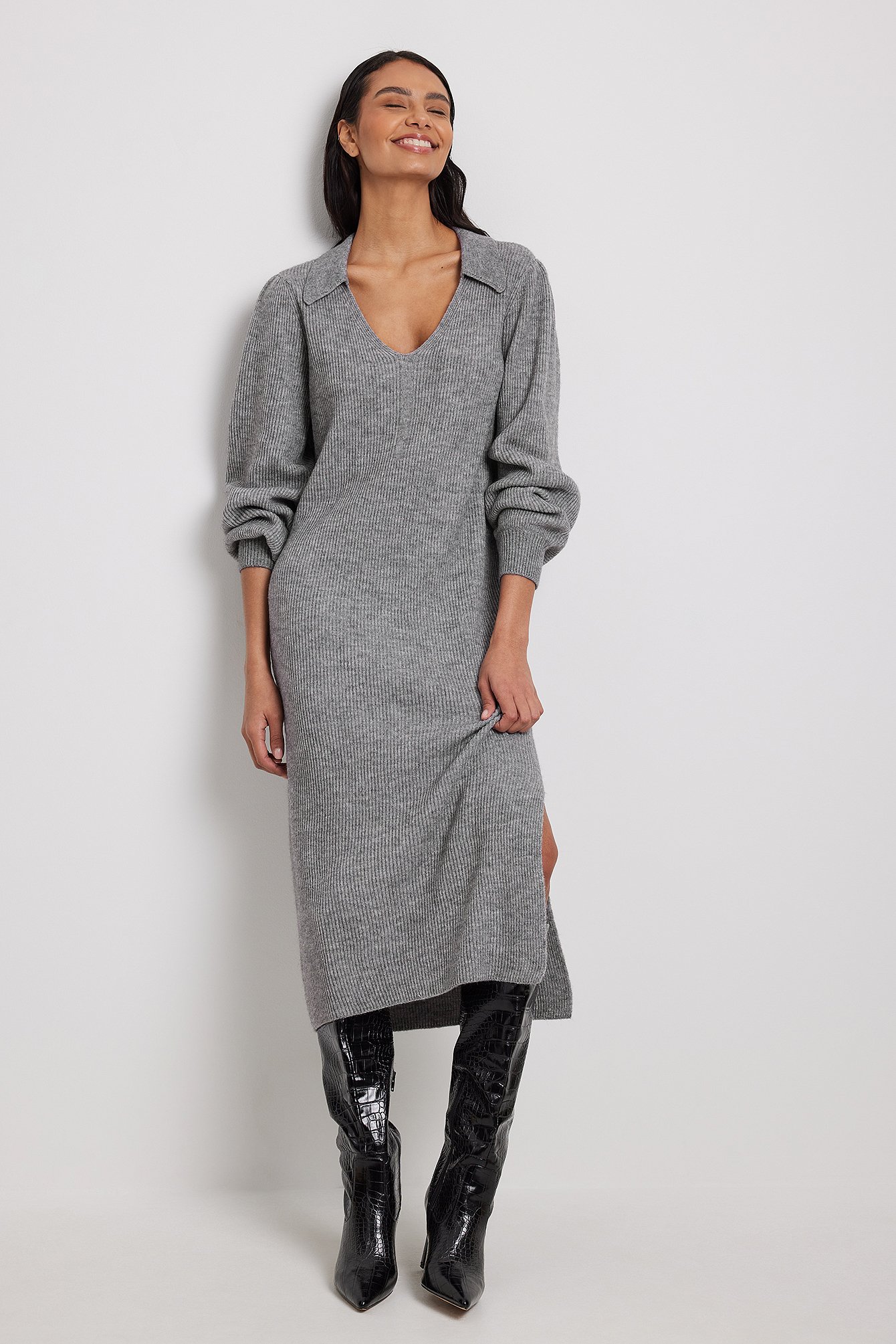 Grey Melange Collar Long Knitted Dress