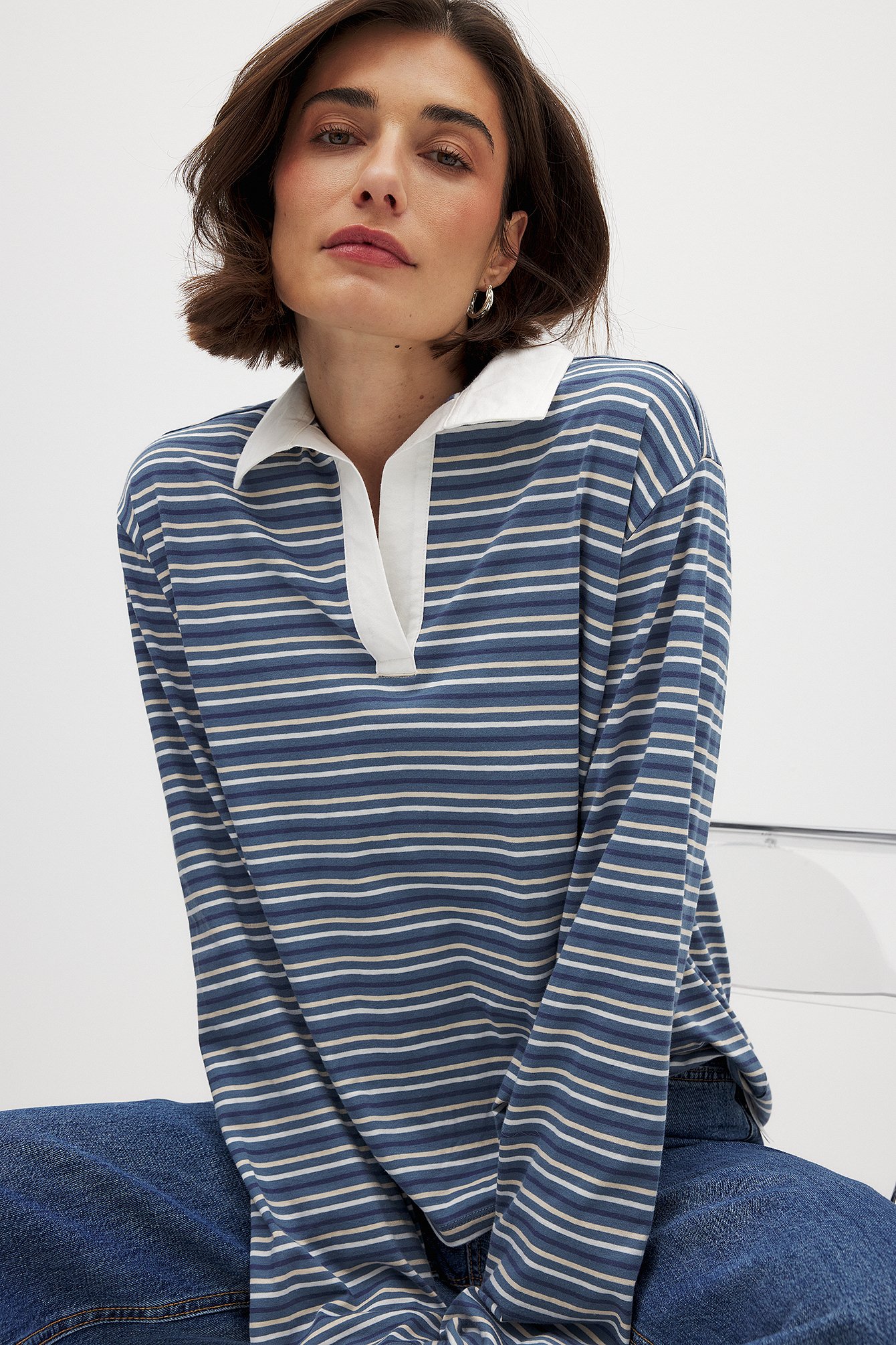 NA-KD Long Sleeve Polo Shirt - Long Sleeve Tops - Blue,Stripe - M (EU 38-40) - NA-KD / NAKD