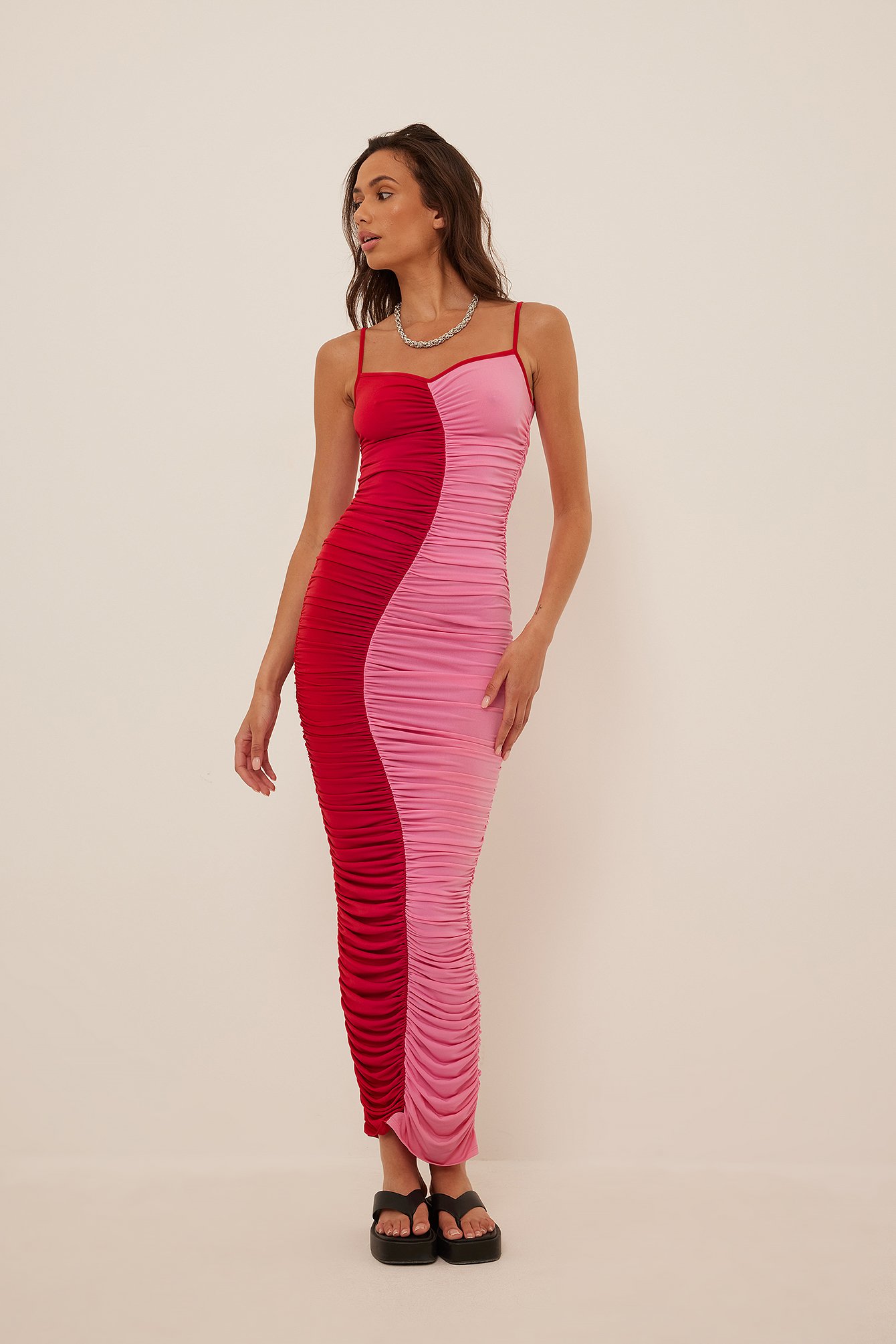 Pink/Red Maxi-jurk met kleurblokken