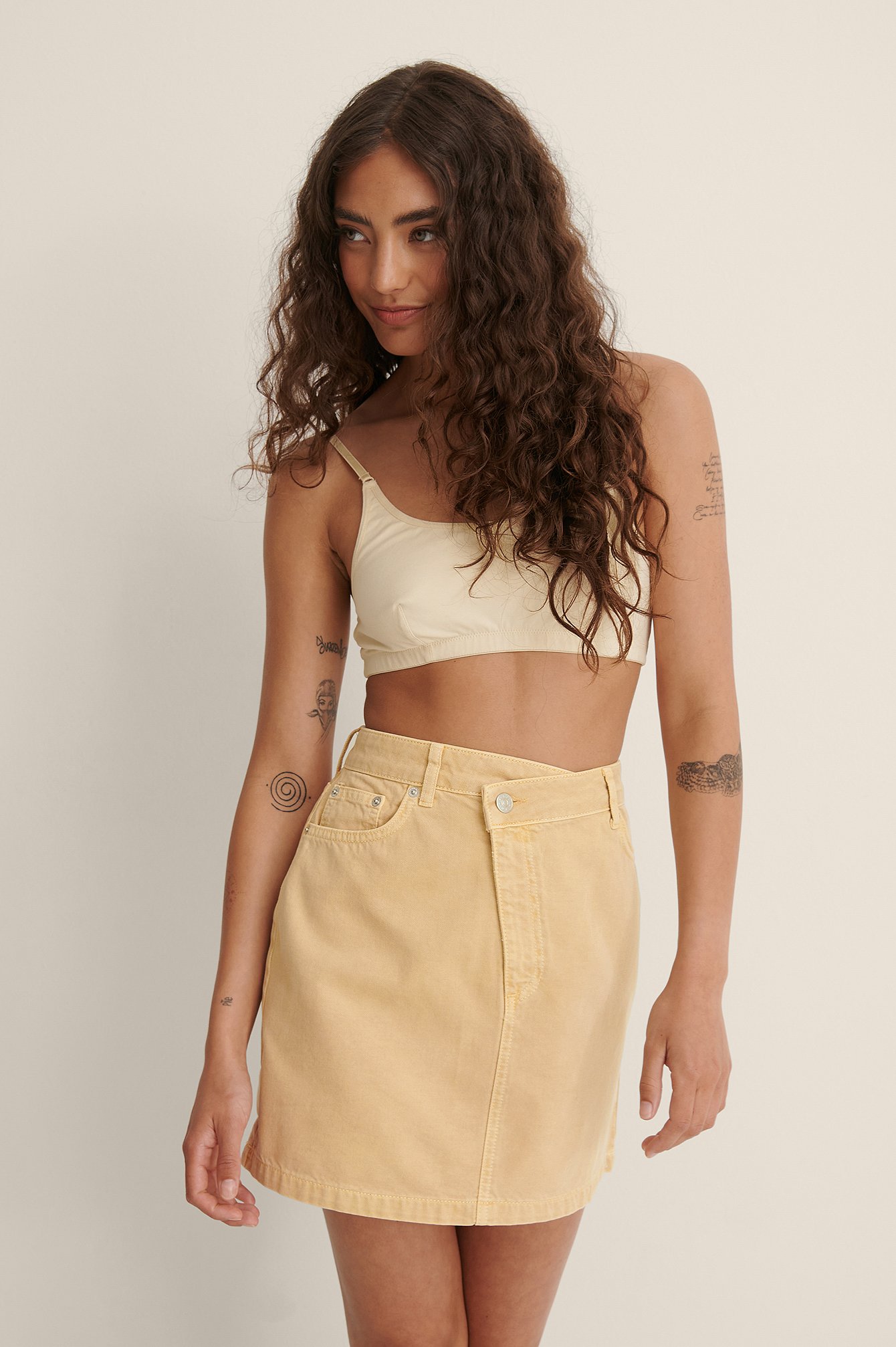 Dusty Yellow Organic Colored Asymmetric Closure Denim Skirt